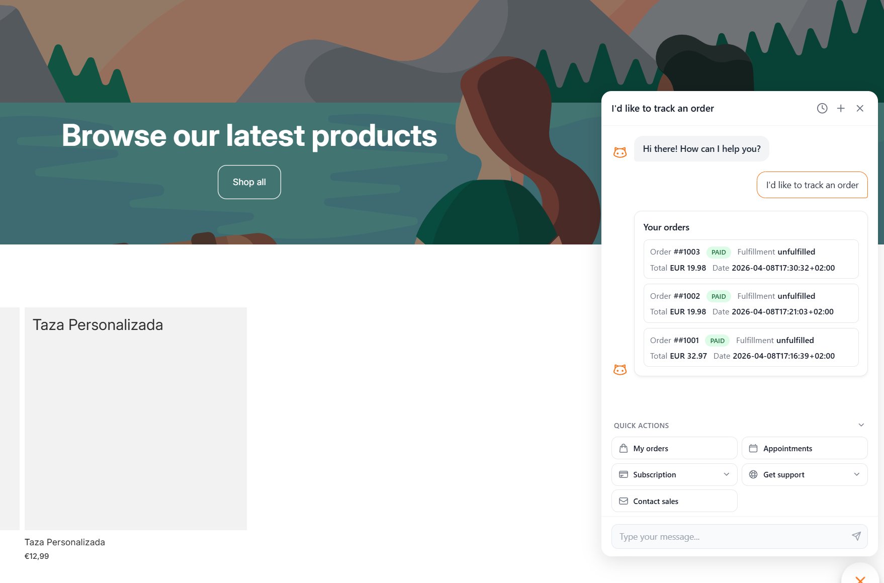 Logged-in Shopify customer seeing their orders in the widget after asking to track an order