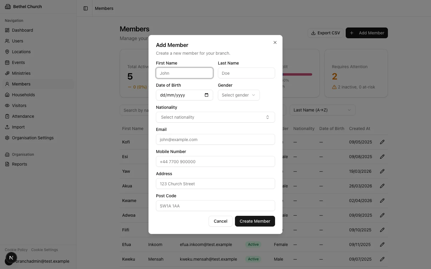Add member dialog showing required and optional fields