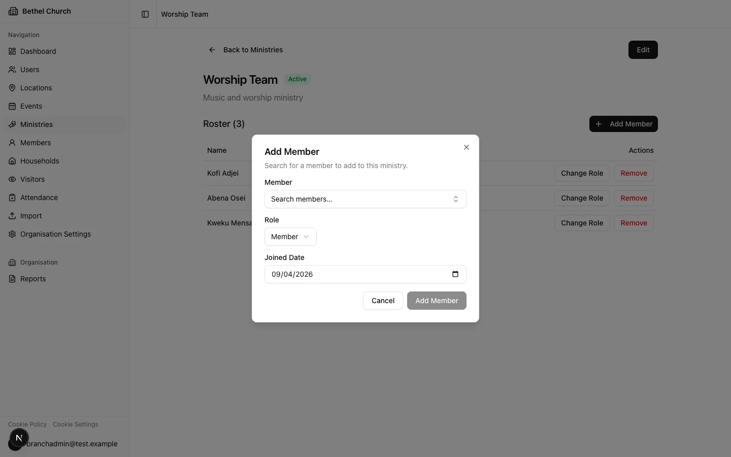 Add member to ministry dialog with role selector
