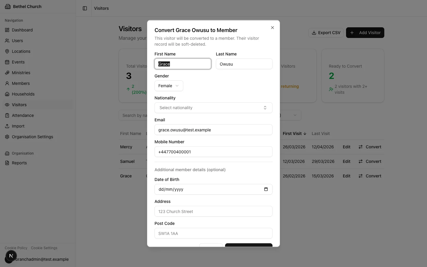 Convert visitor to member dialog with pre-filled fields