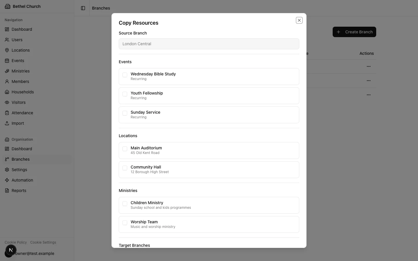 Copy resources dialog showing resource selection