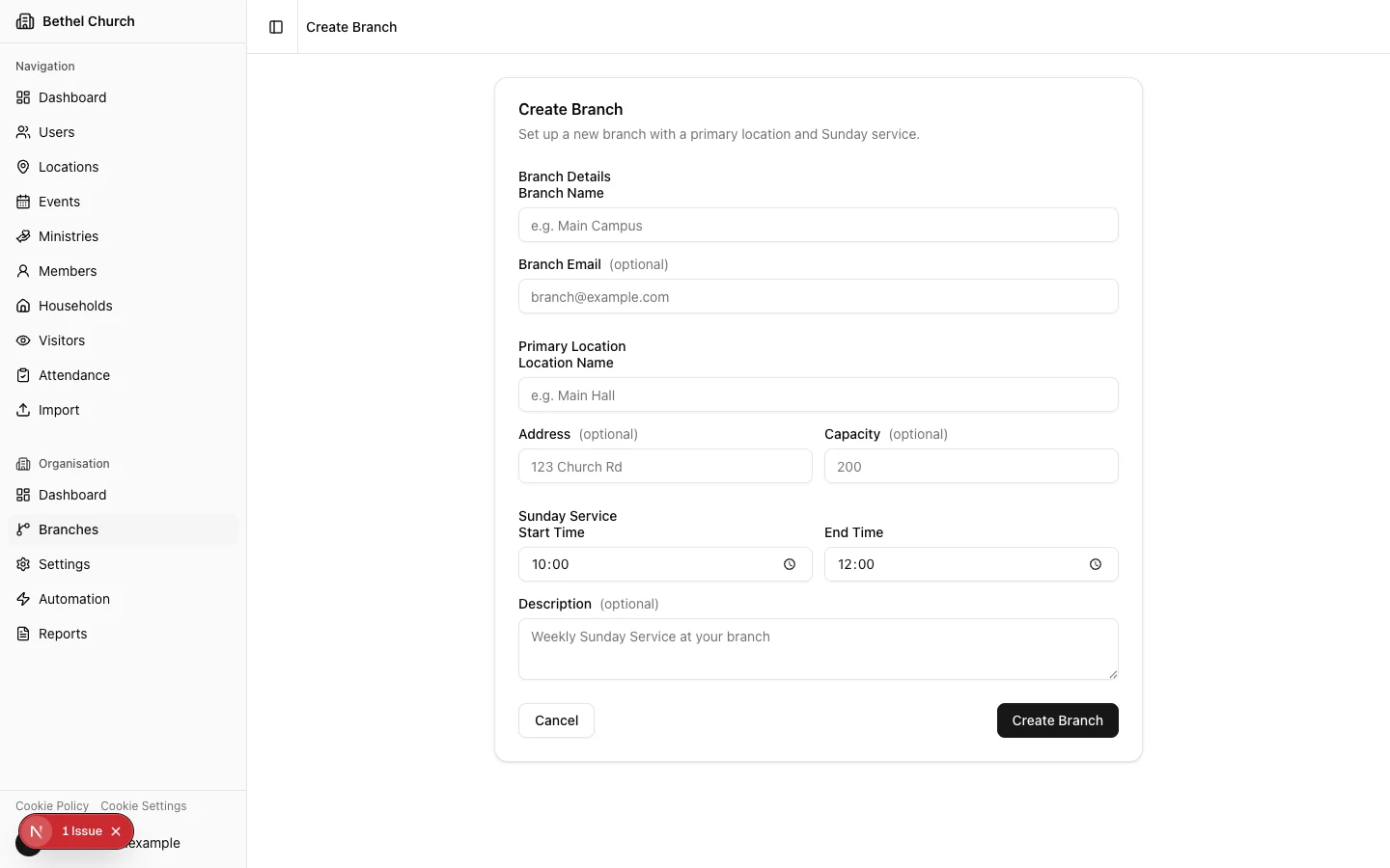 Create branch form showing branch details, location, and Sunday Service sections