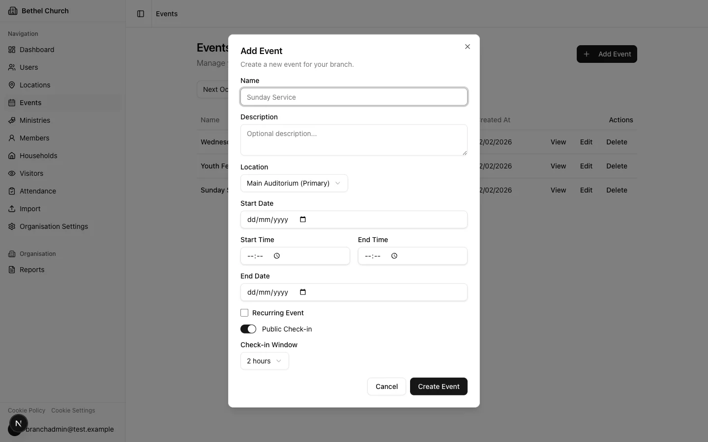 Create event dialog for a one-off event