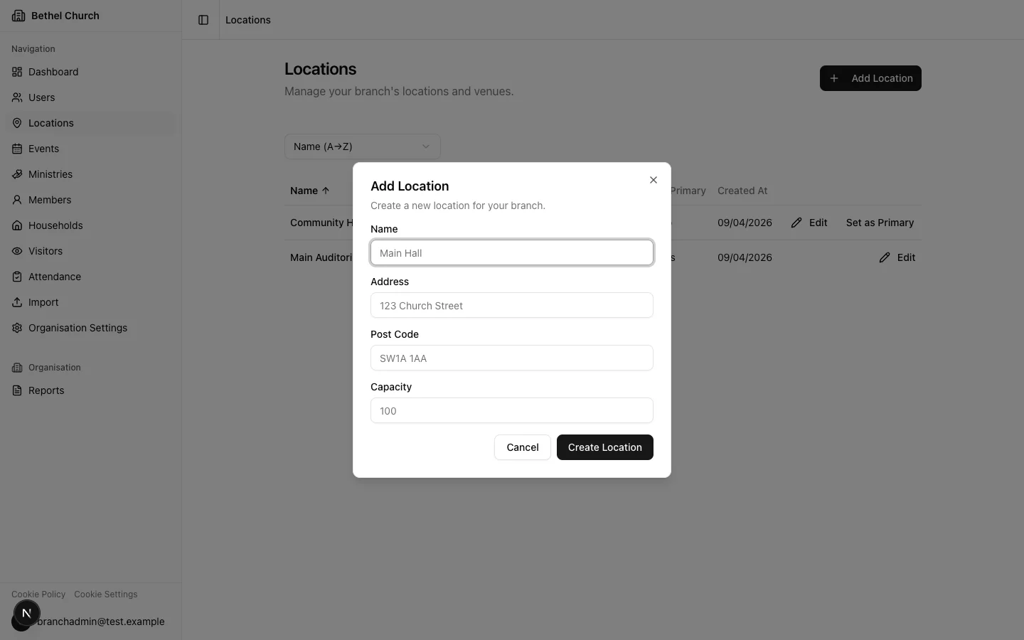 Create location dialog