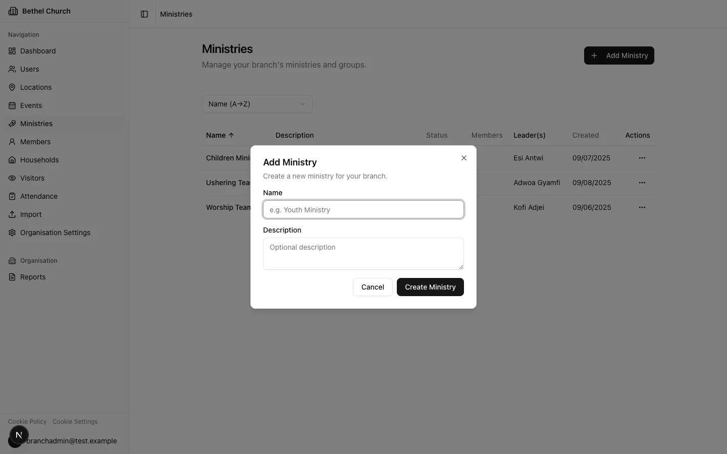 Create ministry dialog