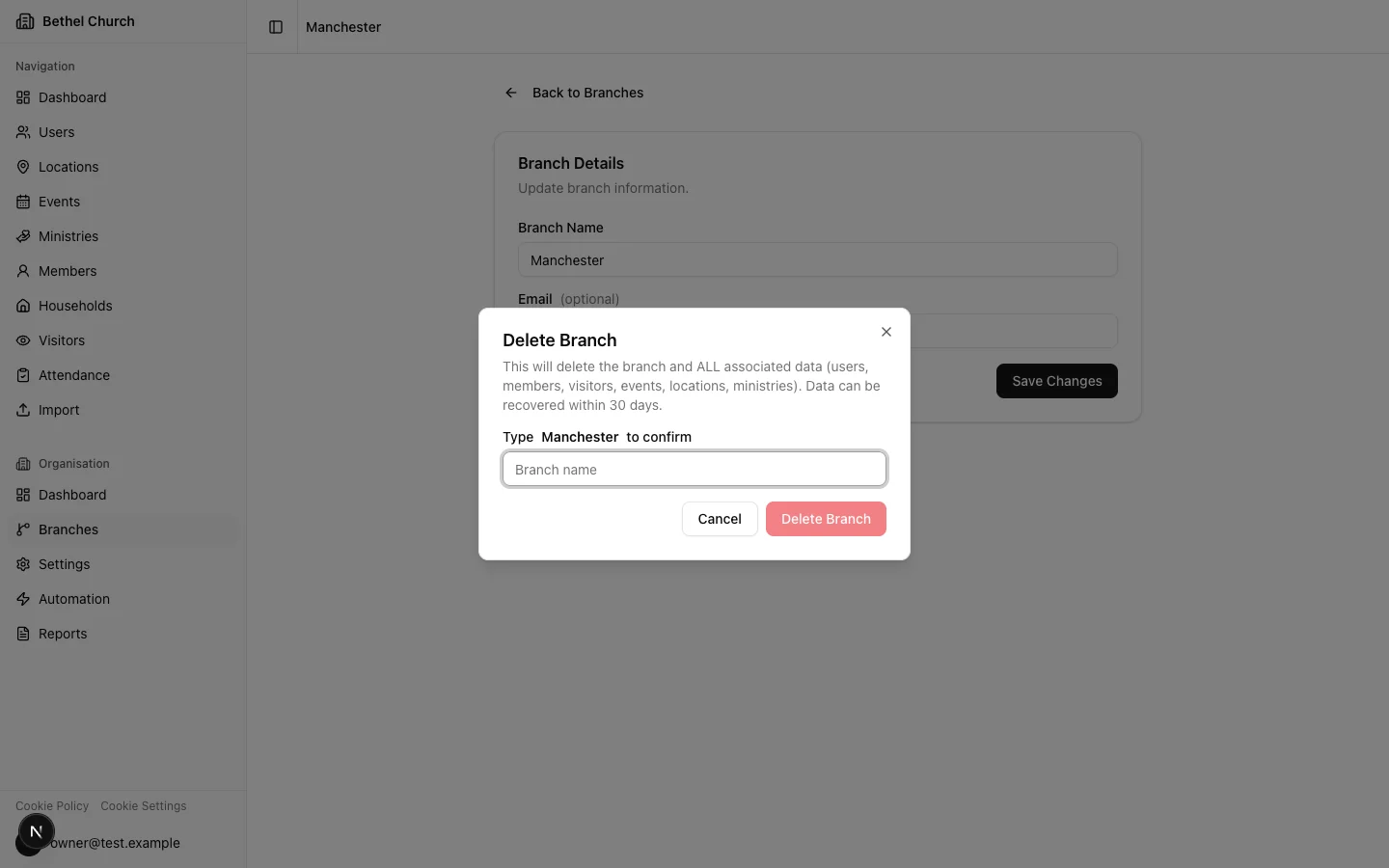 Delete branch confirmation dialog with name input