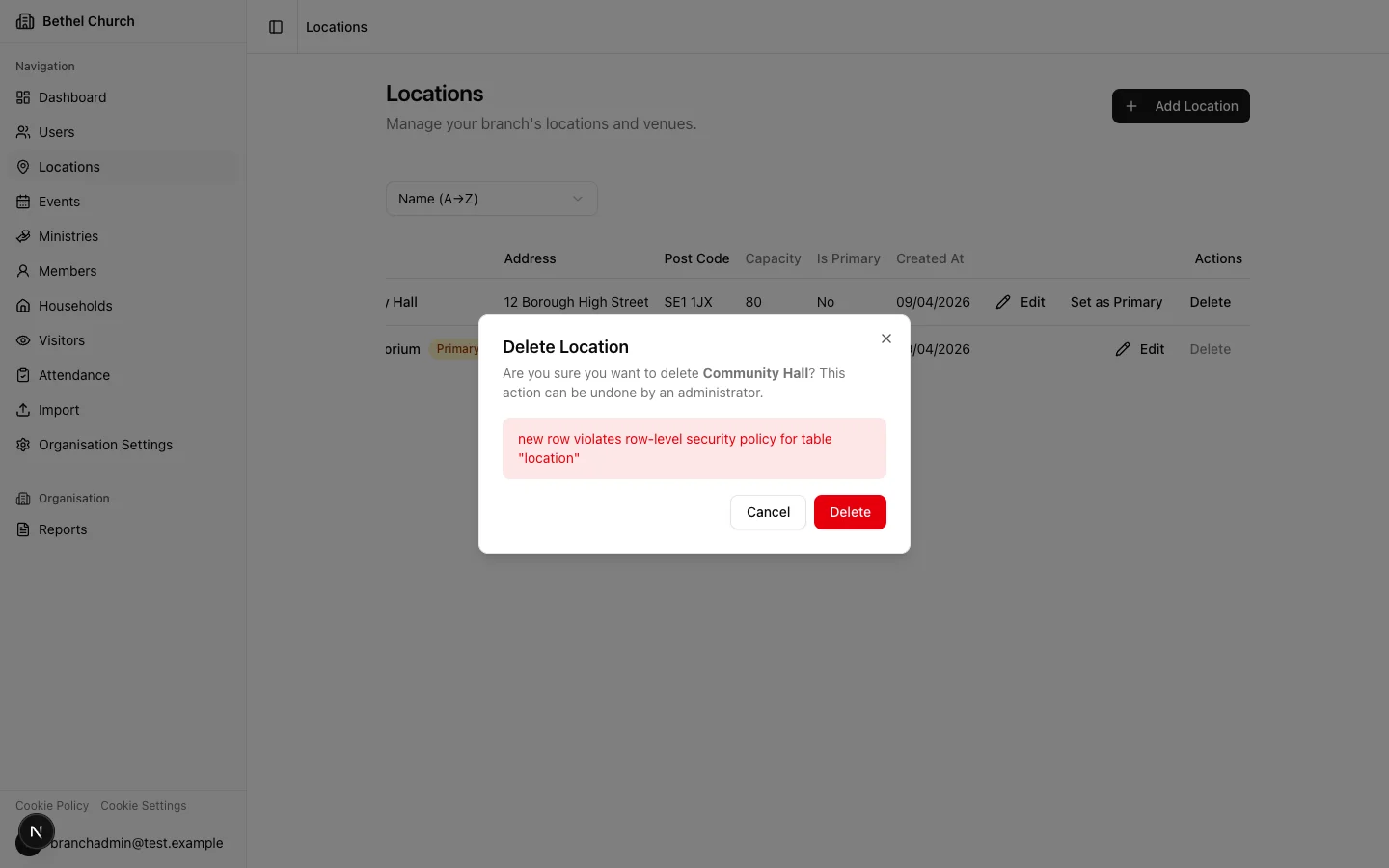 Delete location blocked dialog showing linked events