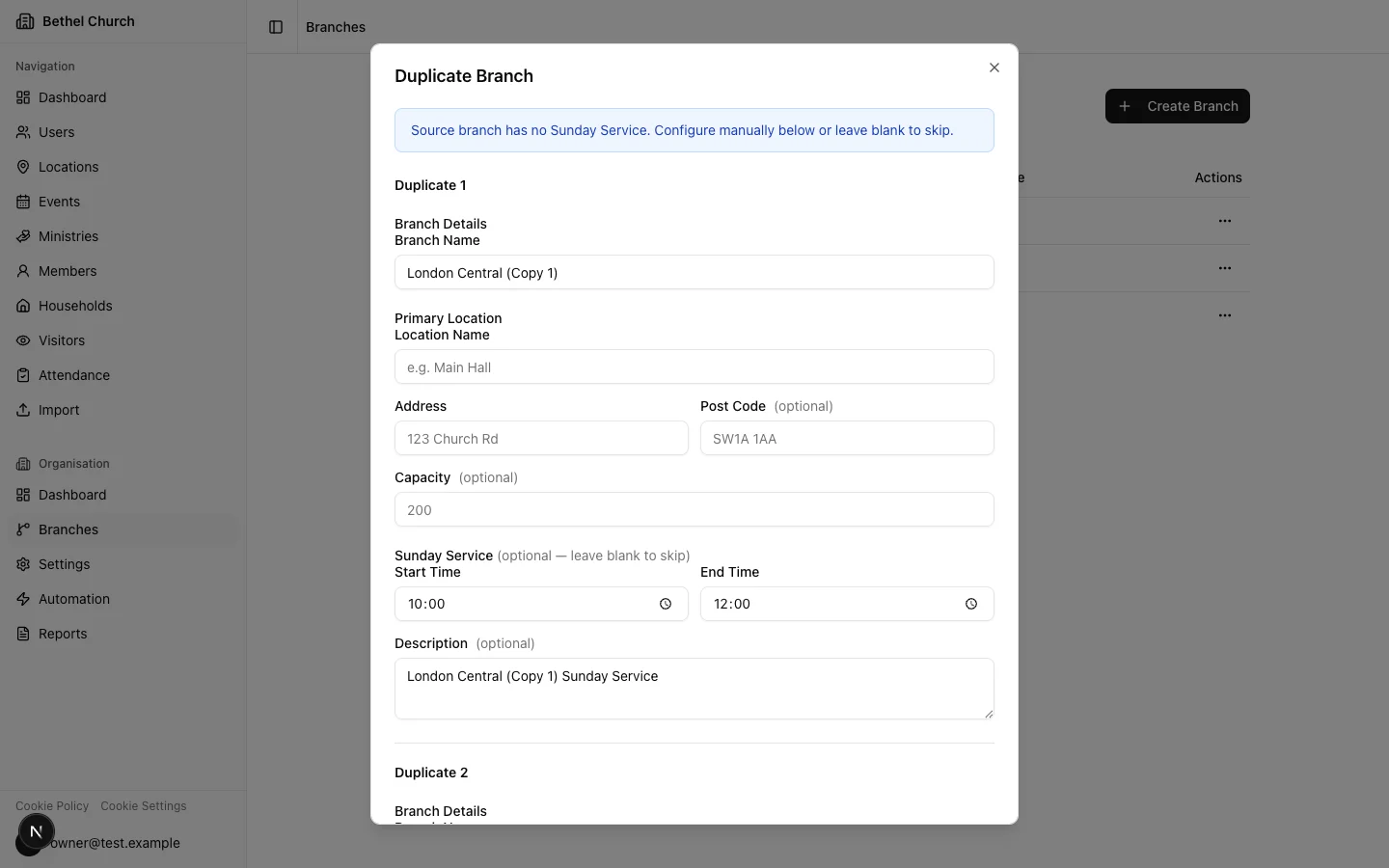 Branch duplication wizard showing branch name and location configuration