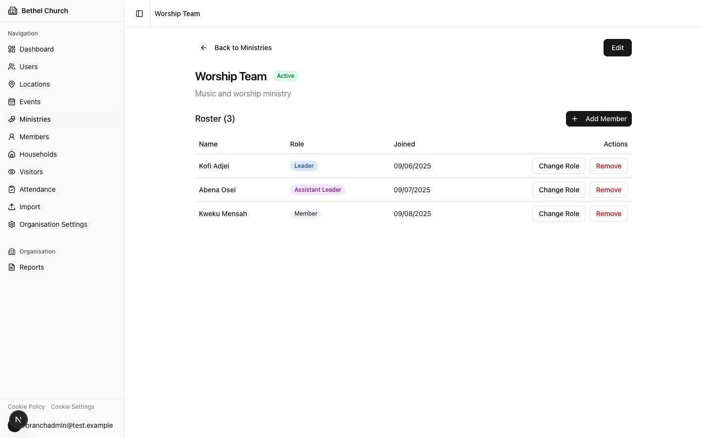 Ministry roster showing active members with role badges