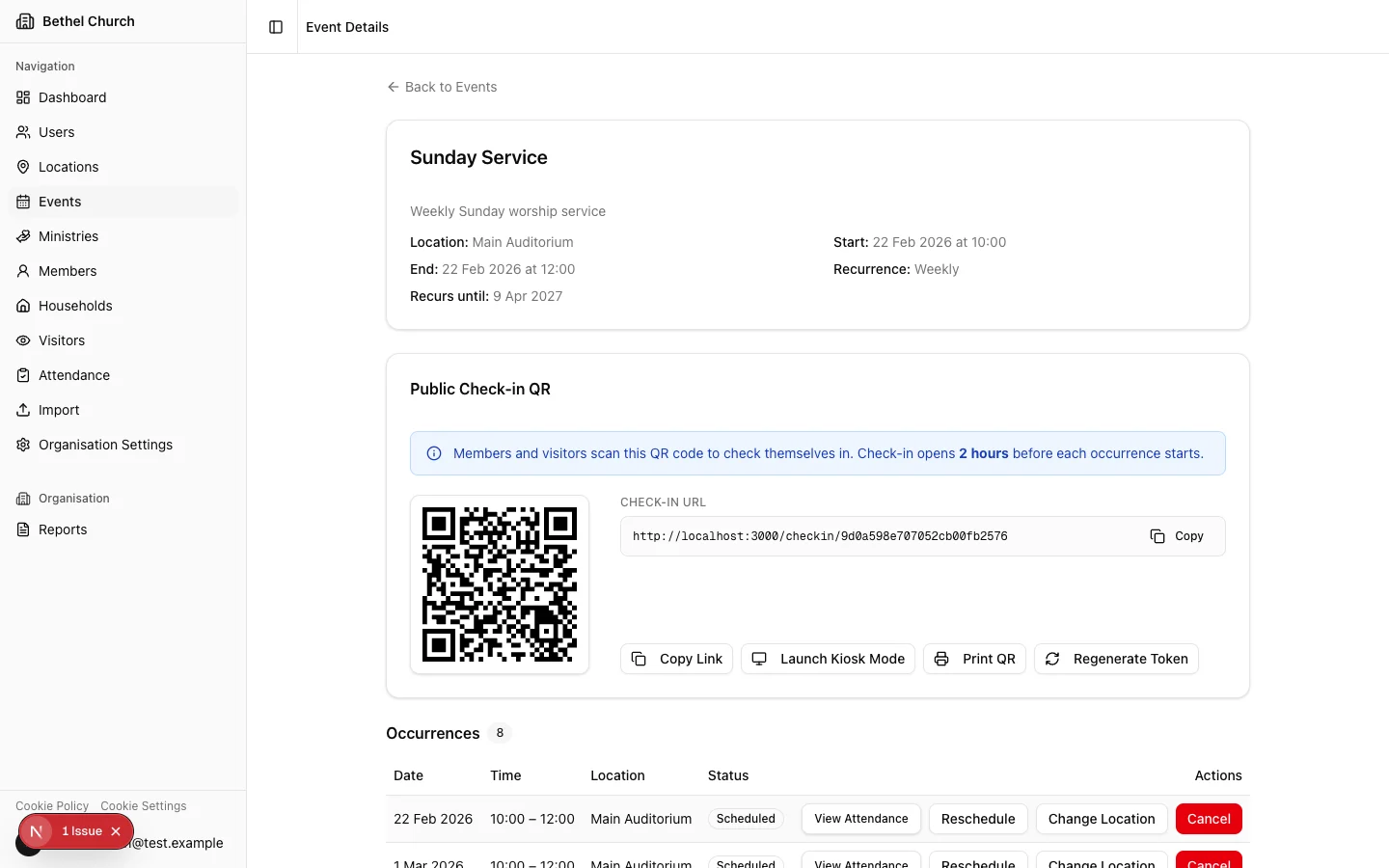 Occurrence detail showing Reschedule, Change Location, and Cancel actions