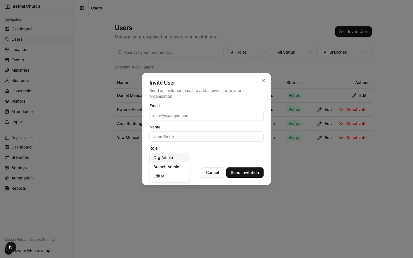 Invite user form with role dropdown