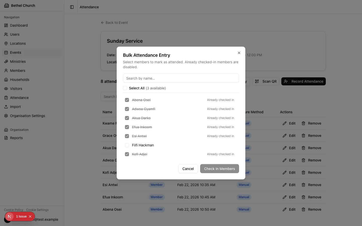 Bulk attendance entry with checkboxes and Select All toggle