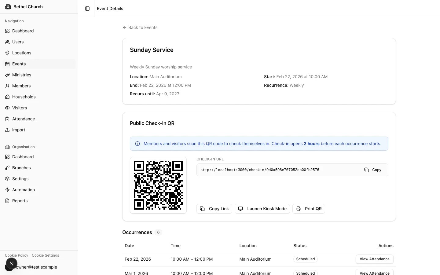 Event QR code on the event detail page