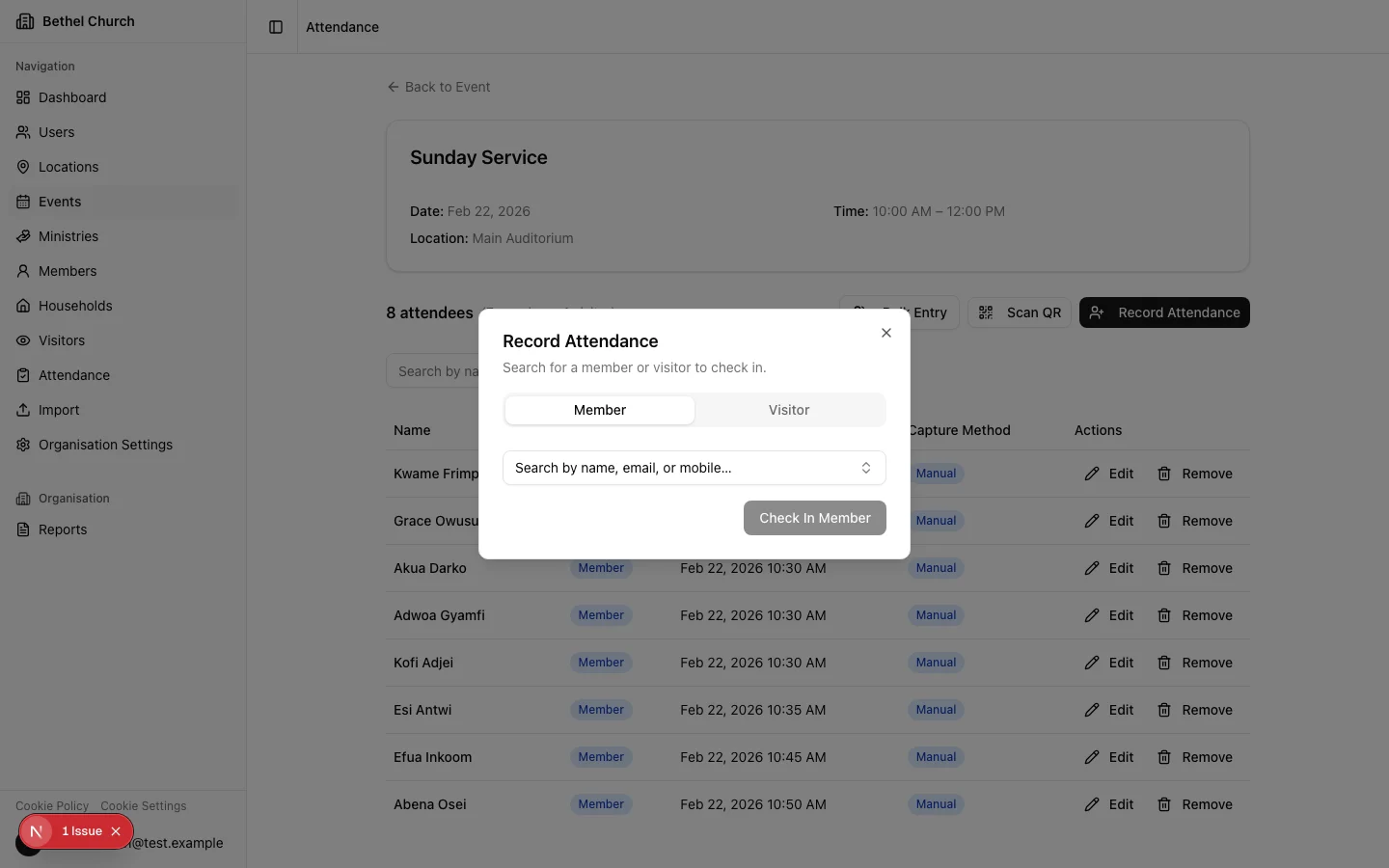 Manual check-in dialog with search field