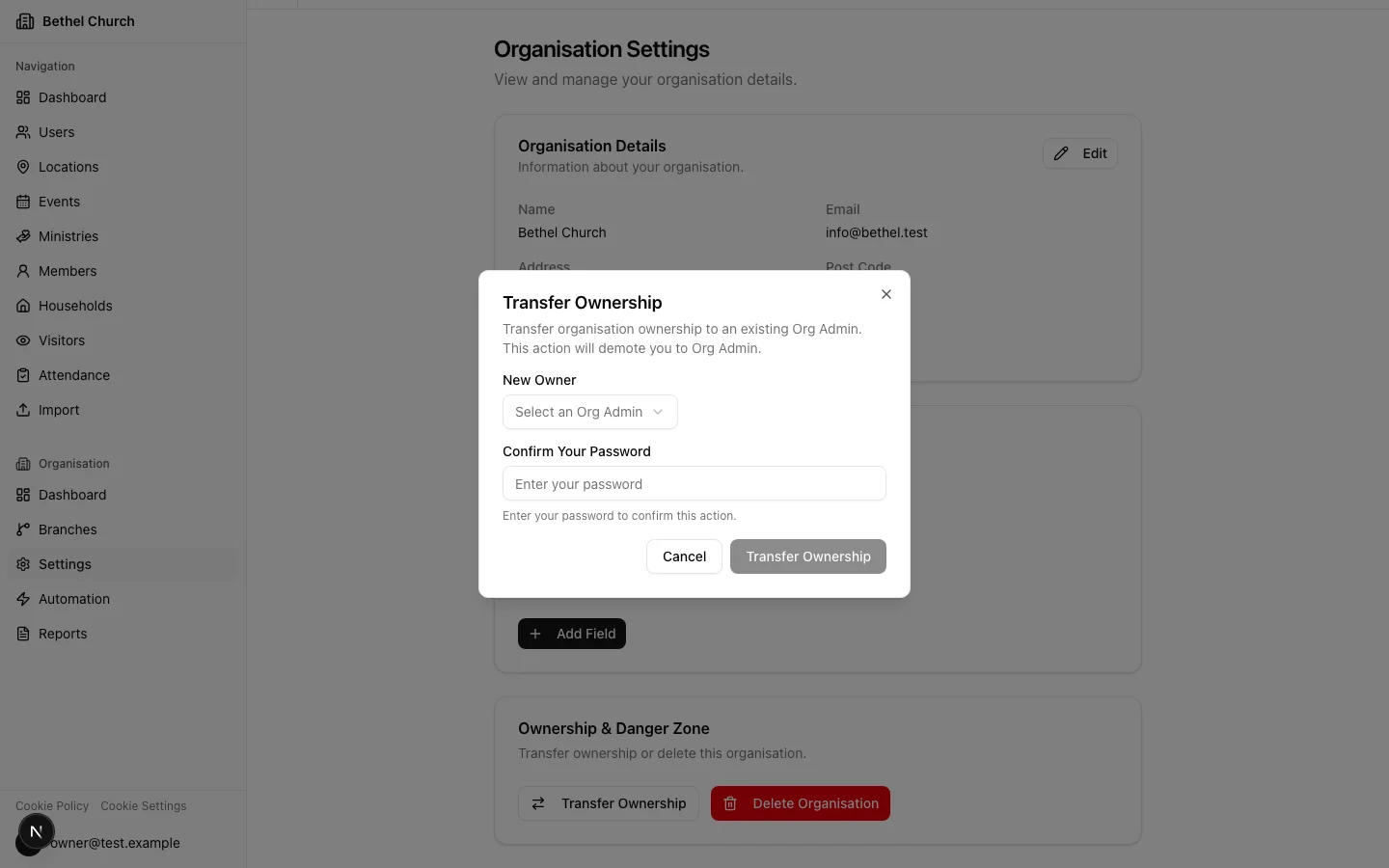 Transfer ownership confirmation dialog