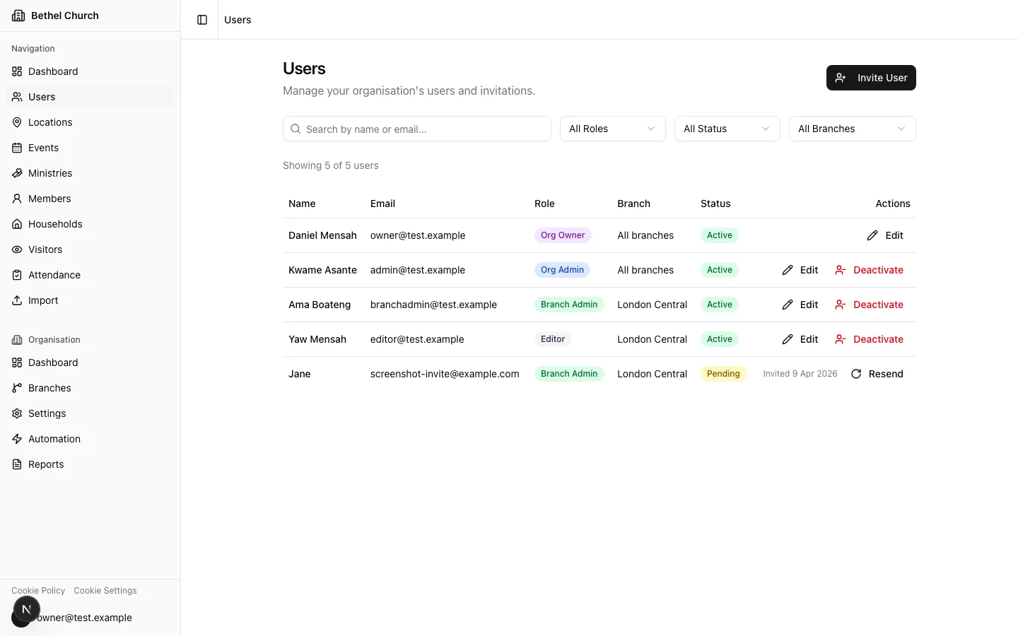 User list showing role badges