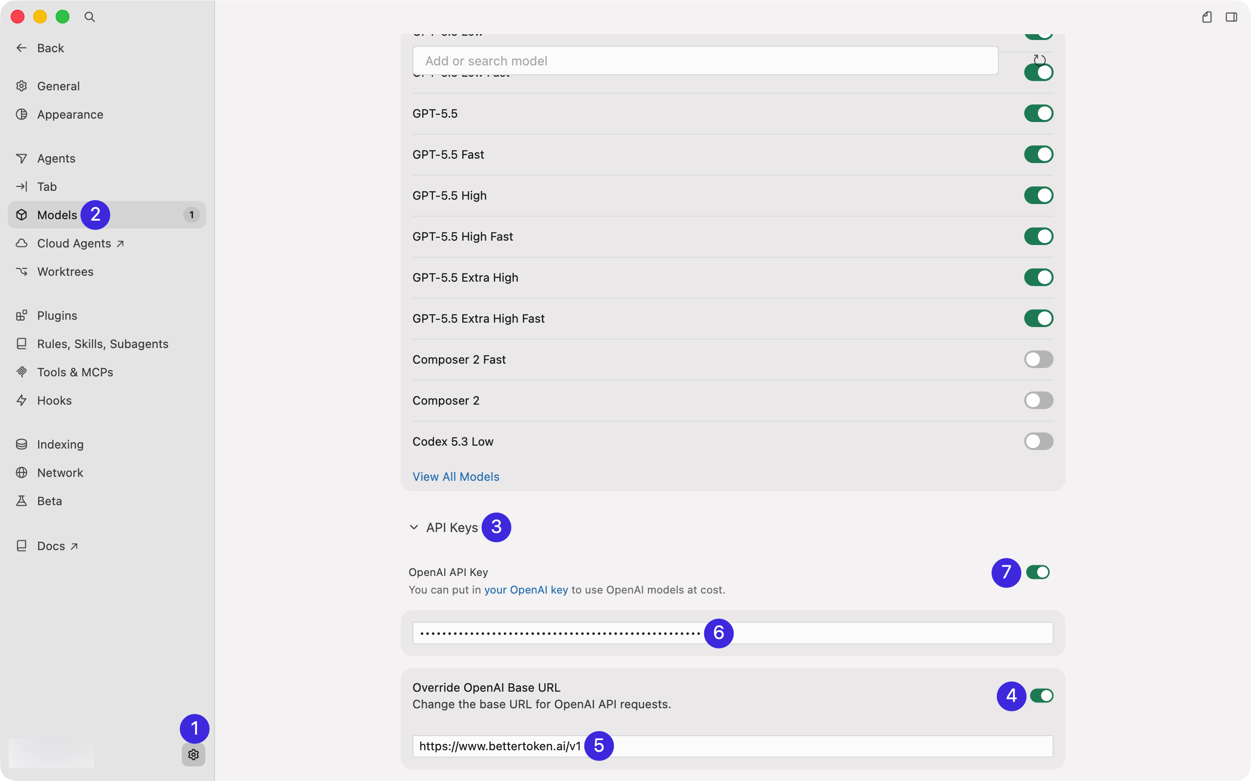 Página de ajustes de Cursor con los campos Settings, Models, API Keys, OpenAI API Key y Override OpenAI Base URL.