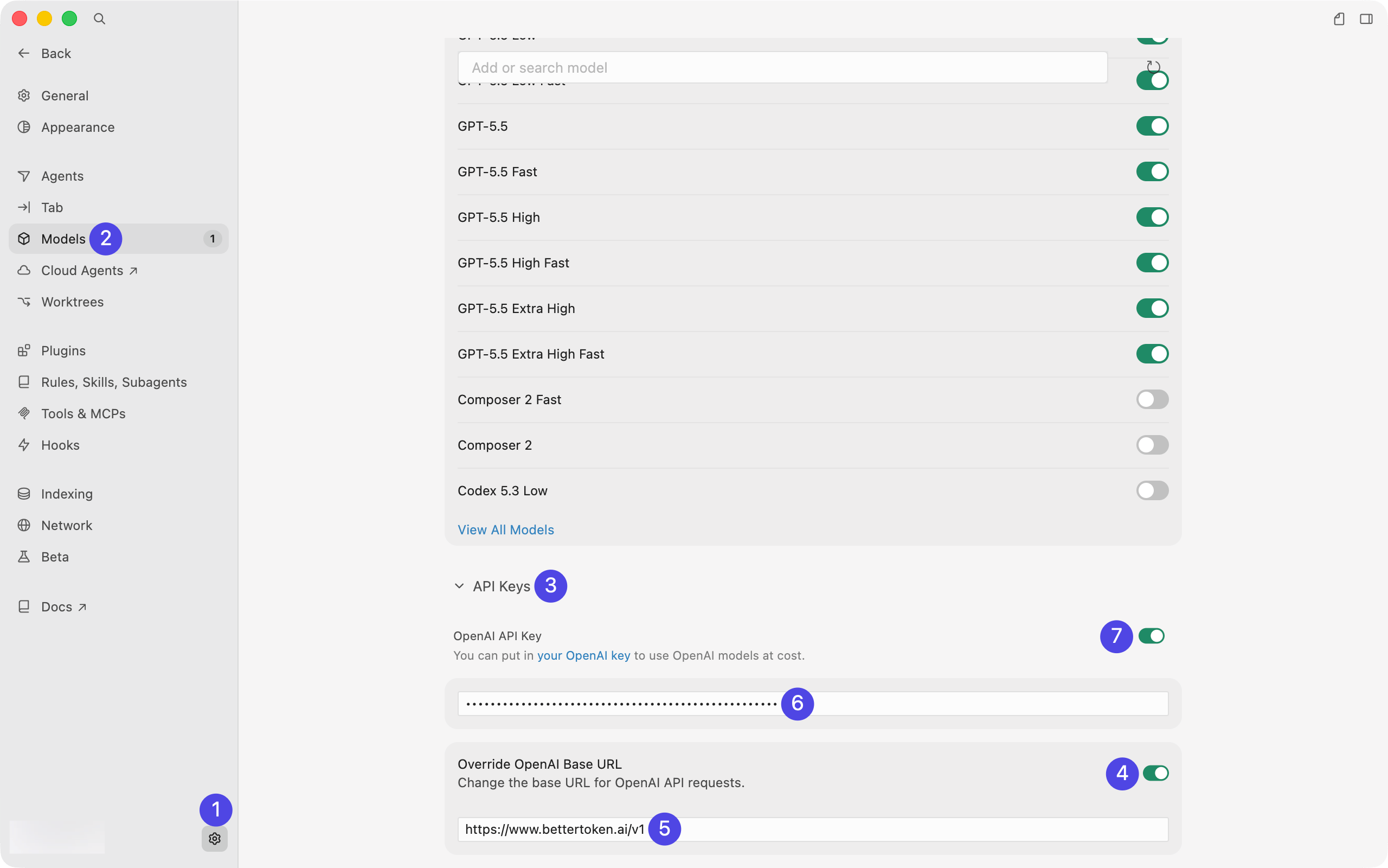 Cursor-Einstellungsseite mit den Feldern Settings, Models, API Keys, OpenAI API Key und Override OpenAI Base URL.