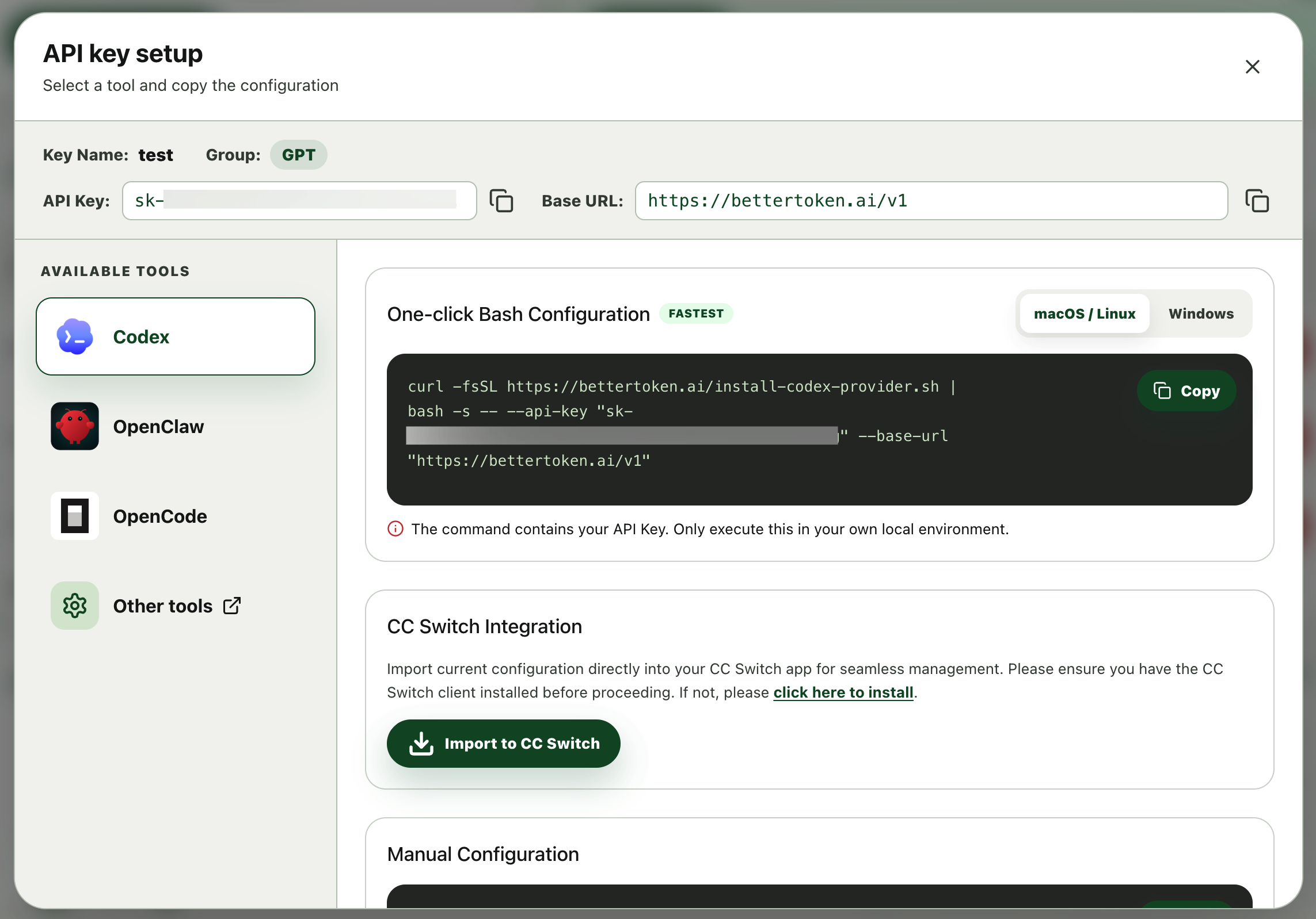 Caixa de diálogo API key setup do BetterToken com API Key, Base URL, seleção de ferramentas e métodos de configuração.