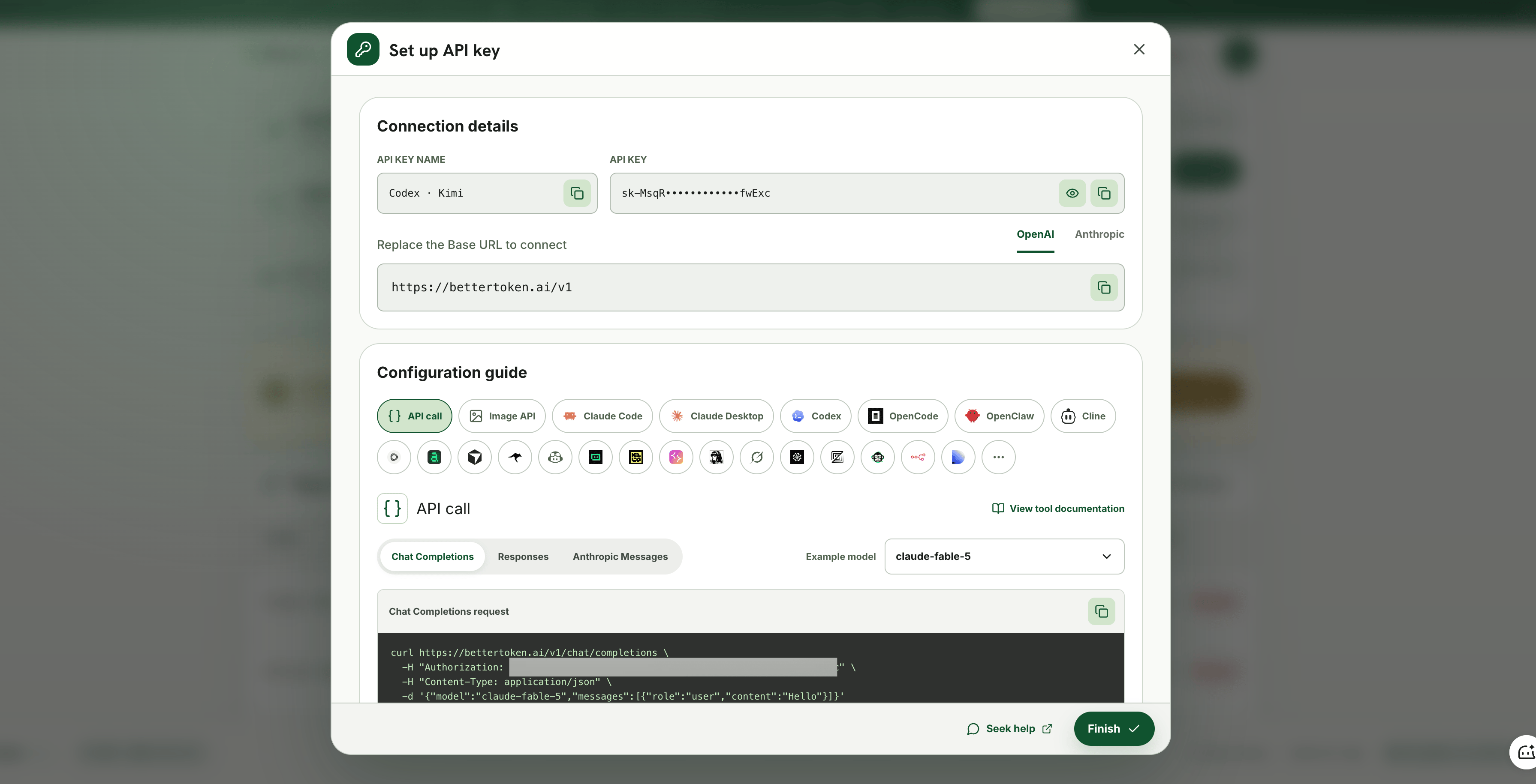 Окно Set up API key: сверху можно скопировать API Key и Base URL, снизу выбрать инструмент и код в Configuration guide.