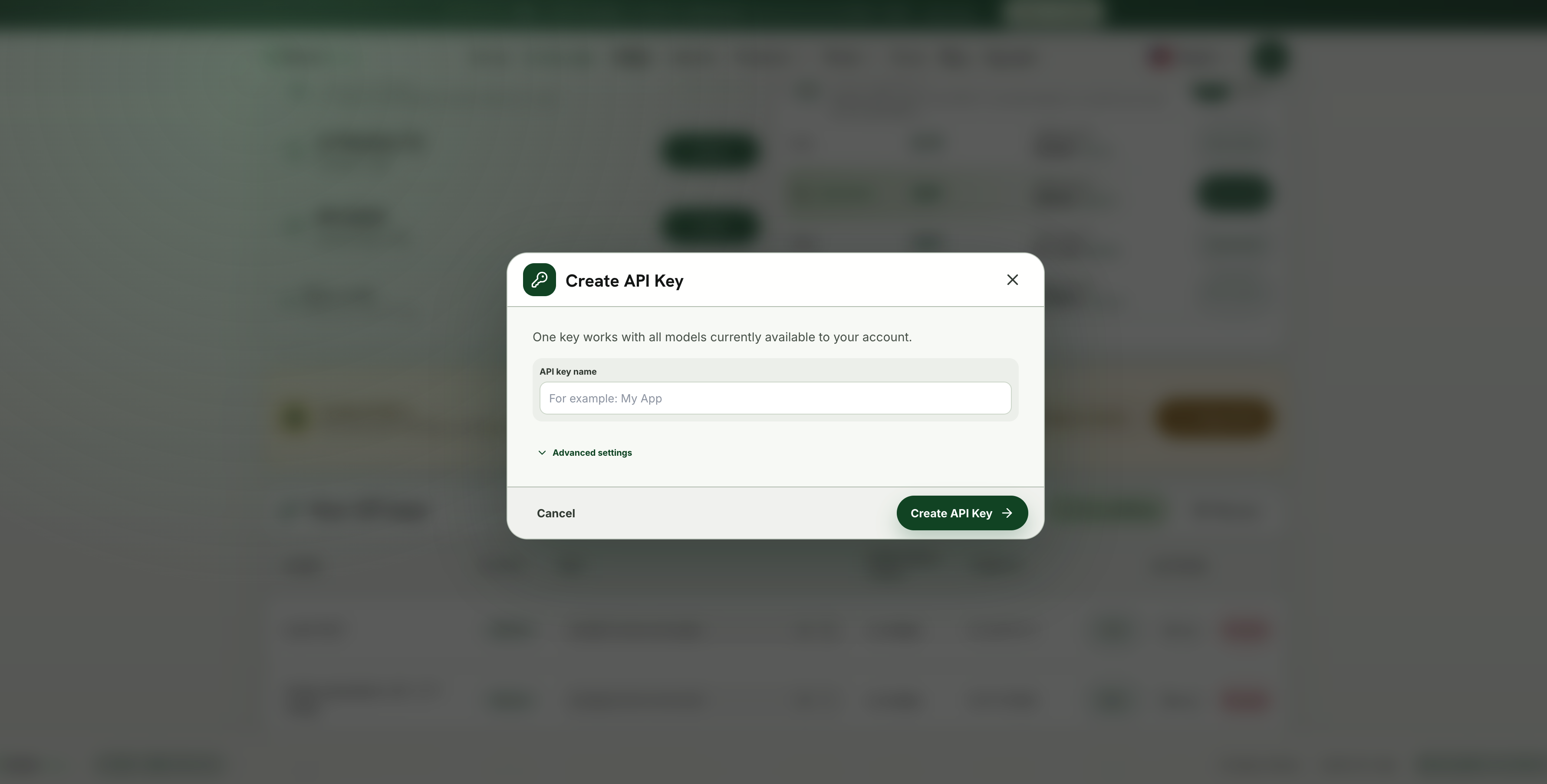 Окно Create API Key с полем API key name, разделом Advanced settings и кнопкой Create API Key.