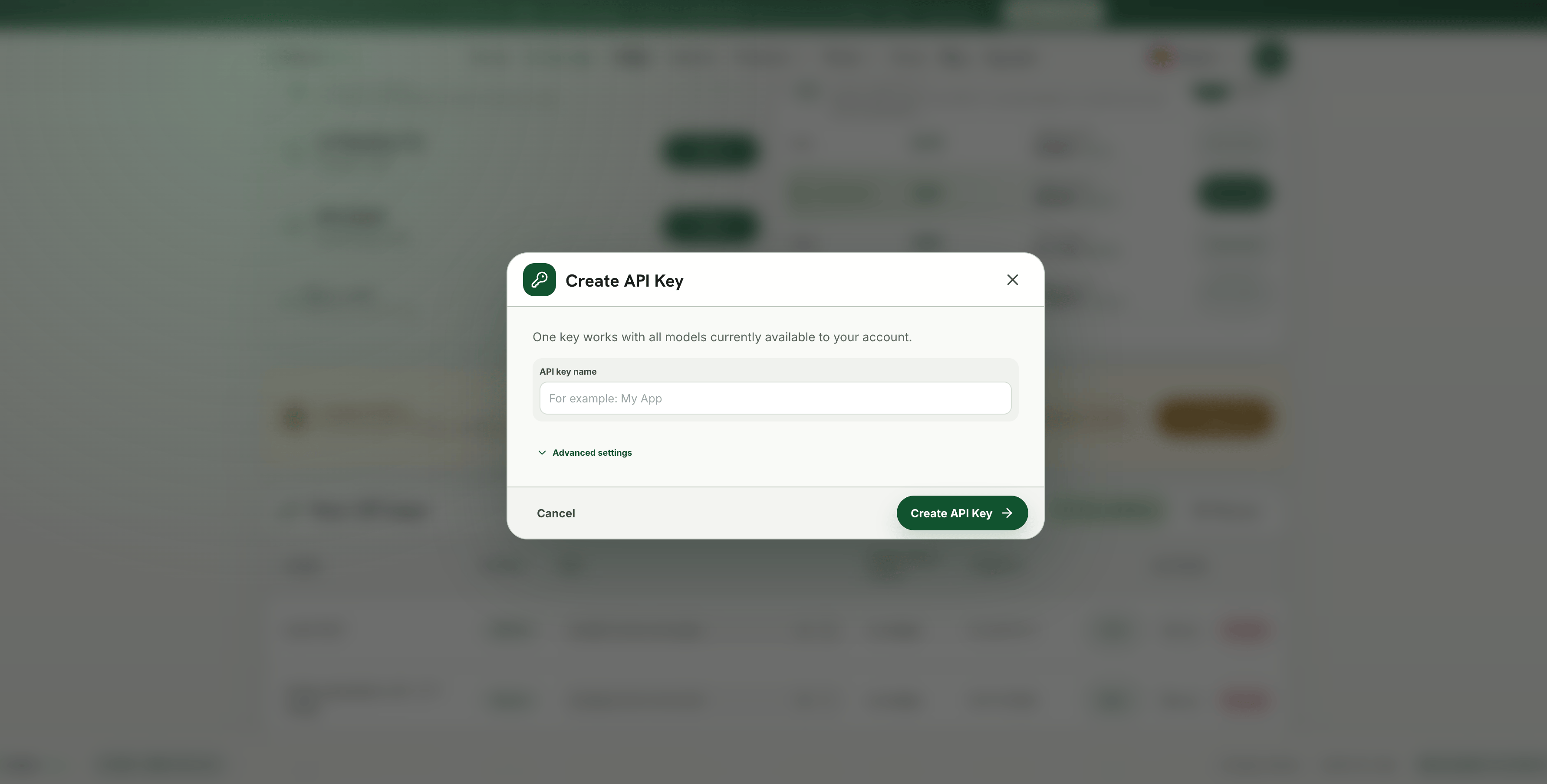 Окно Create API Key с полем API key name, разделом Advanced settings и кнопкой Create API Key.