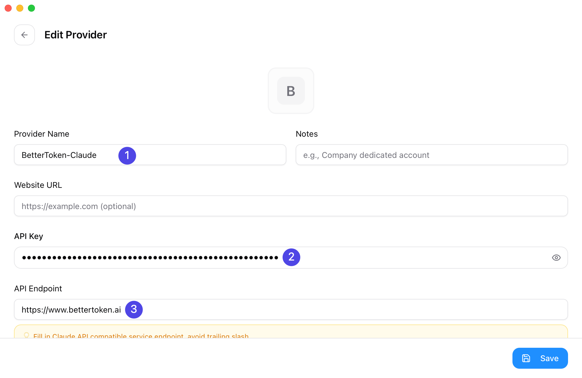 CC Switch 的 Claude Code provider 编辑页面,标出了 Provider Name、API Key 和 API Endpoint 的填写位置。