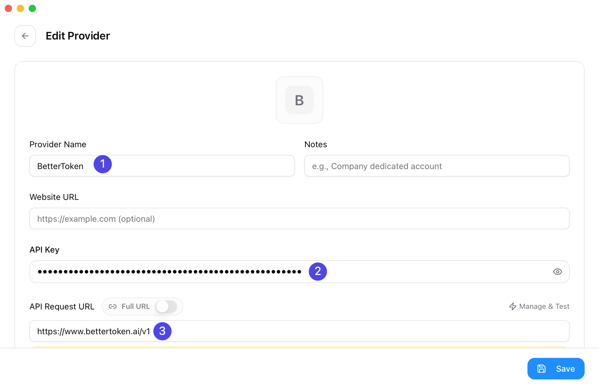 CC Switch 的 Codex provider 编辑页,标出了 Provider Name、API Key 和 Base URL 的填写位置。