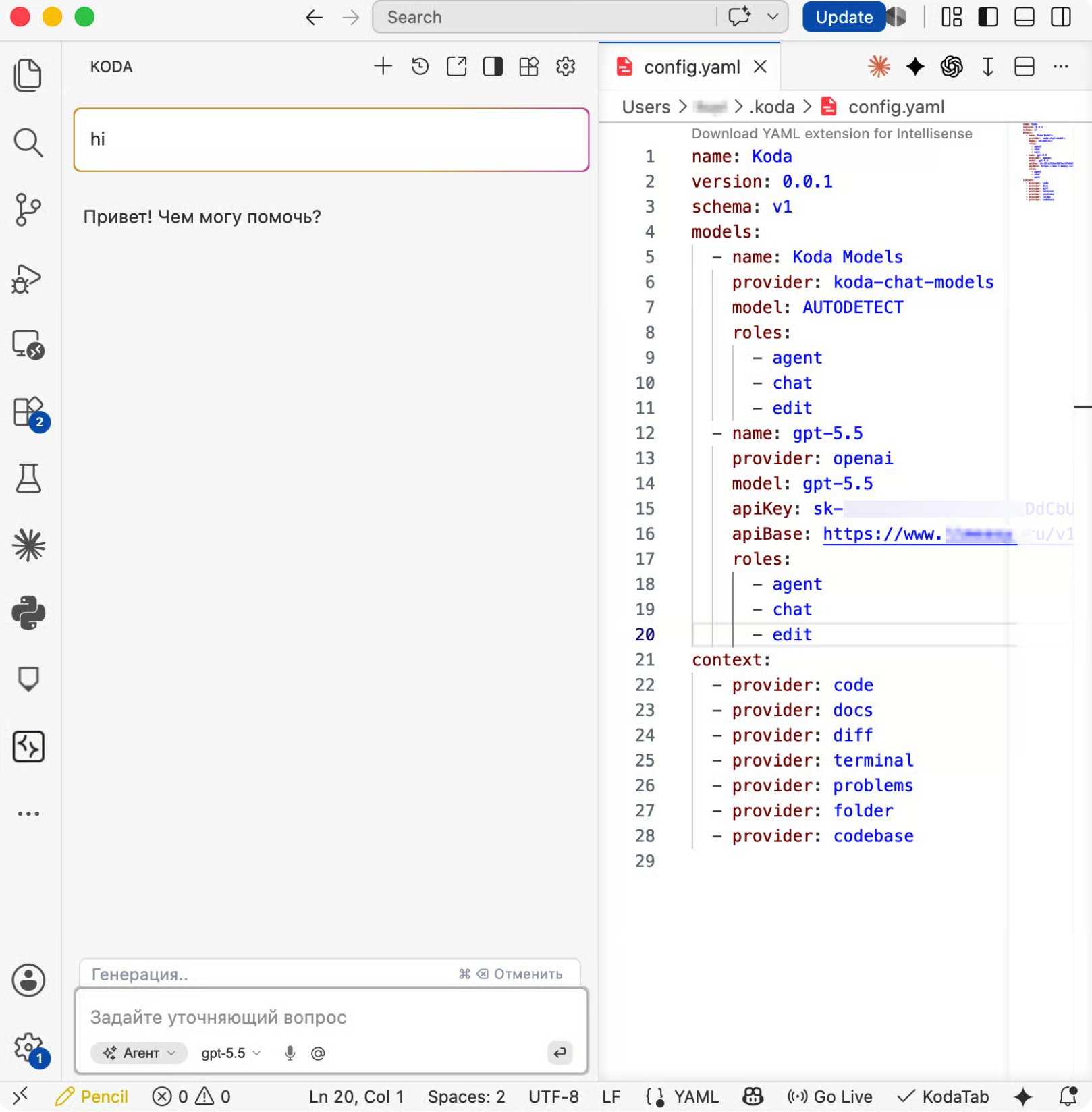Kodacode config.yaml mit hinzugefügter OpenAI-kompatibler Modellkonfiguration.