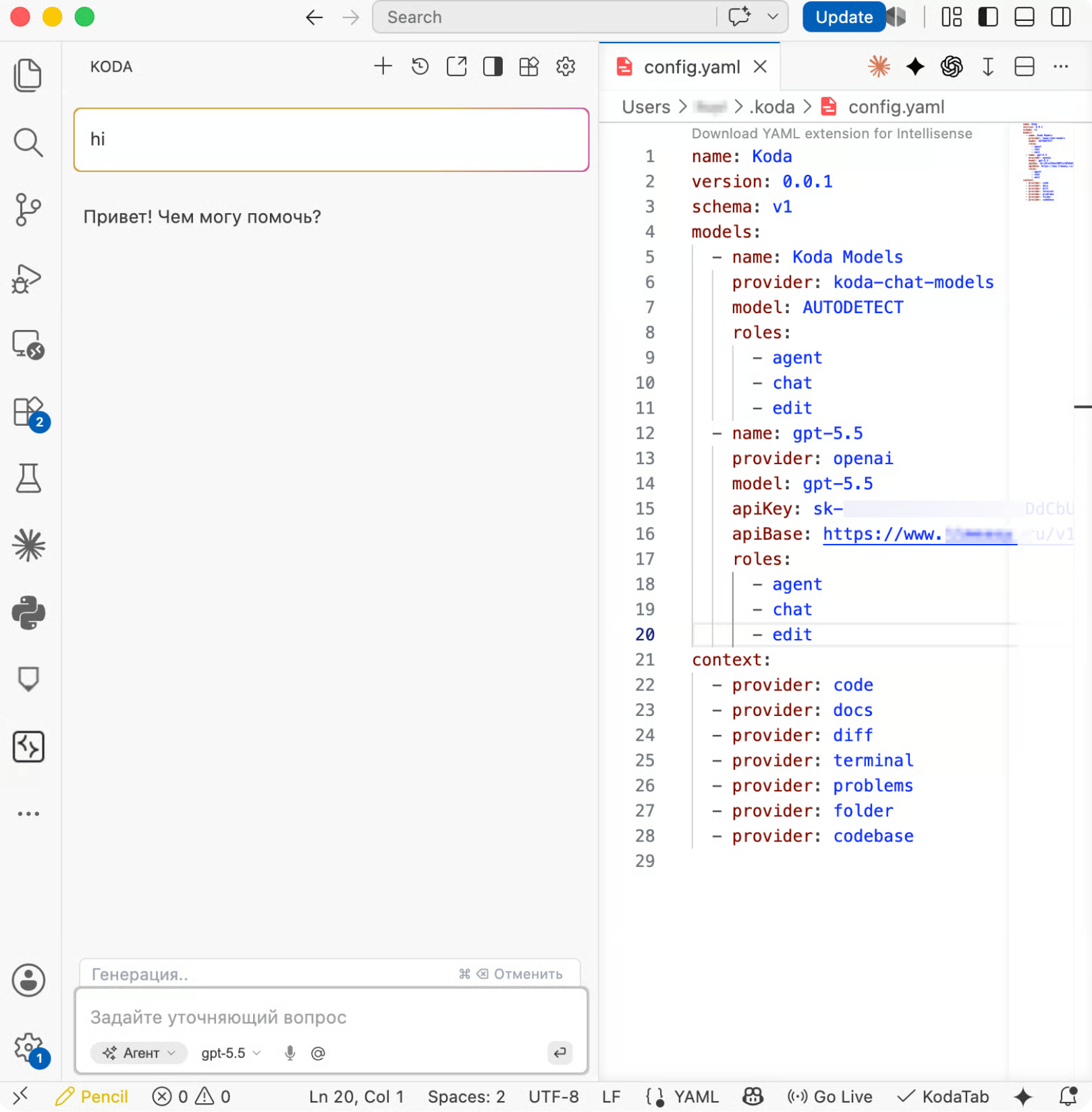 Kodacode config.yaml mit hinzugefügter OpenAI-kompatibler Modellkonfiguration.