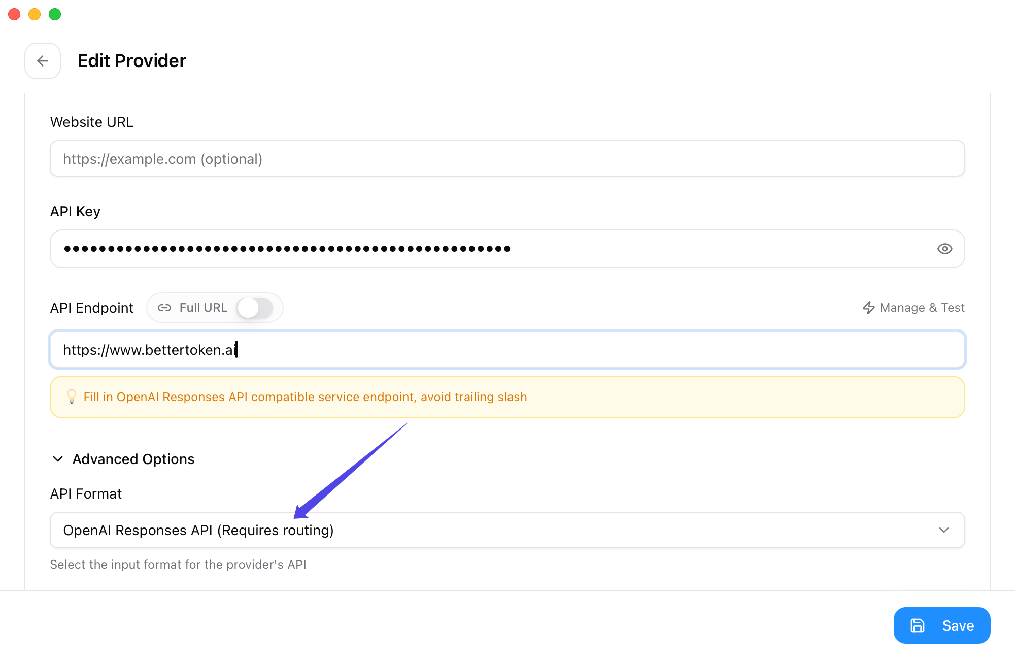 Advanced Options в CC Switch, API Format установлен в OpenAI Responses API.