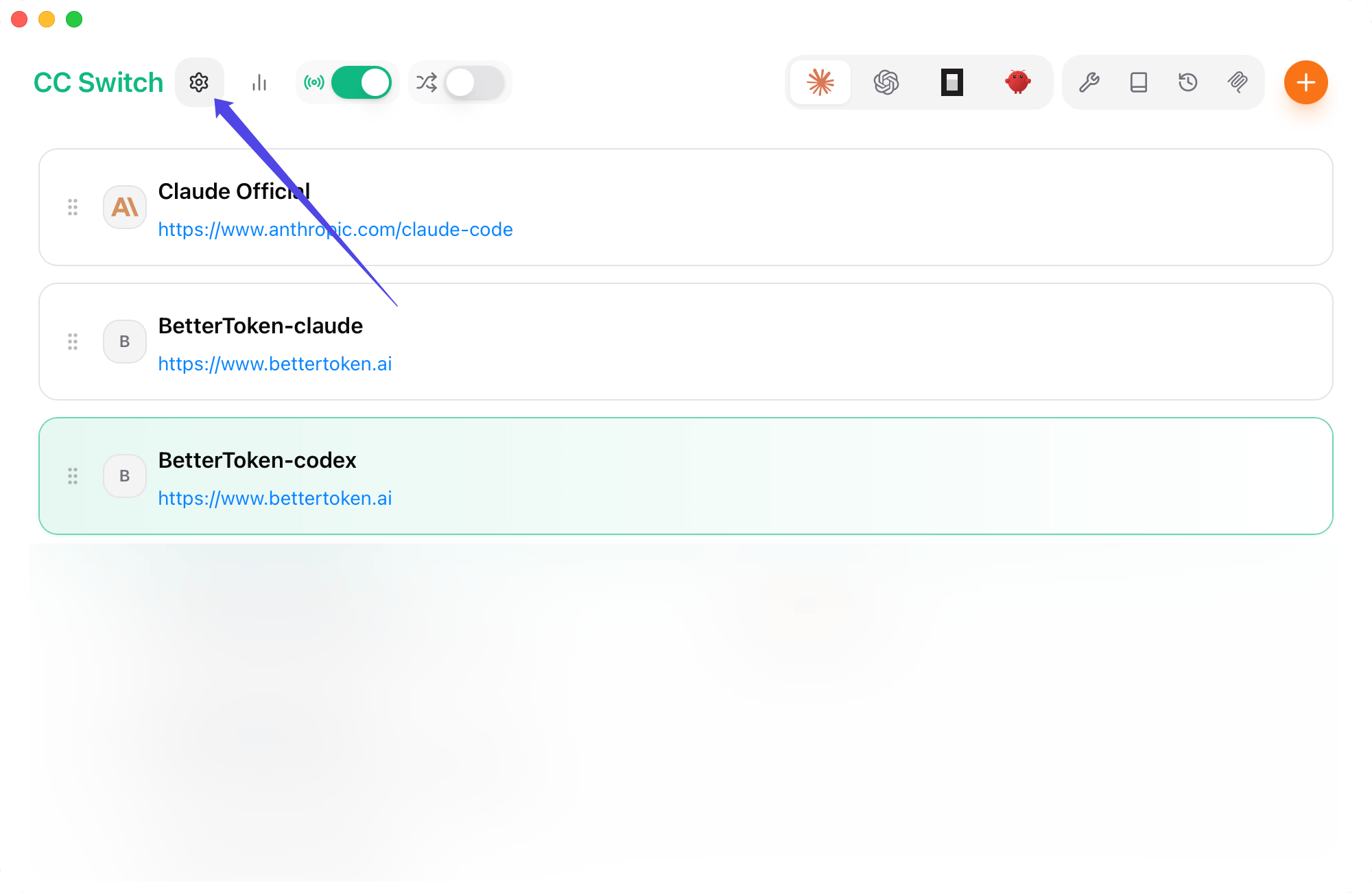Главный экран CC Switch с выделенной кнопкой Settings в левом верхнем углу.
