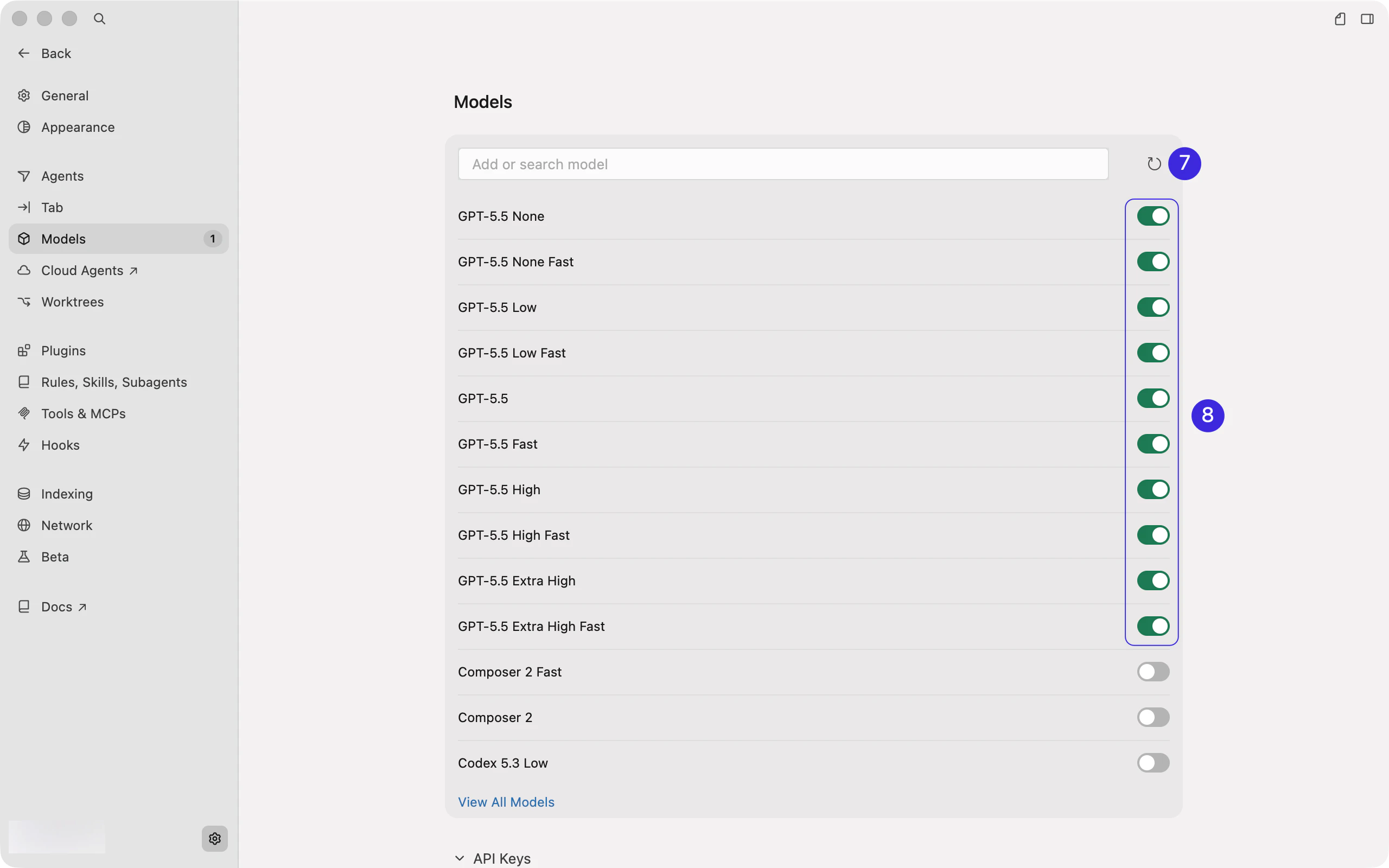 Раздел Models в Cursor с кнопкой refresh и toggle моделей.