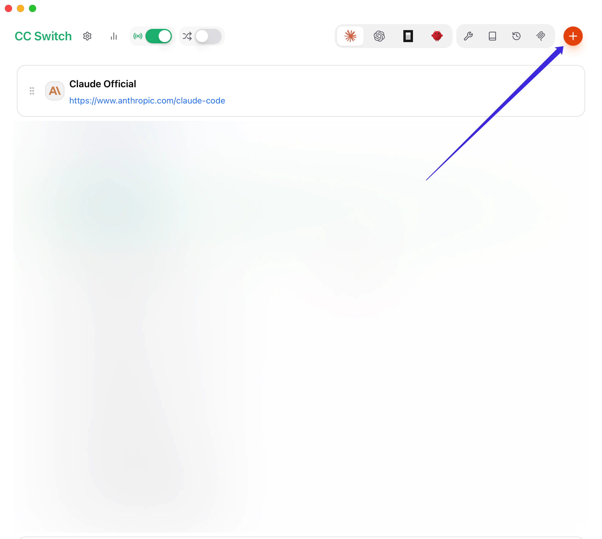 The Claude Code page in CC Switch, with the add button in the top-right corner used to create a new provider.