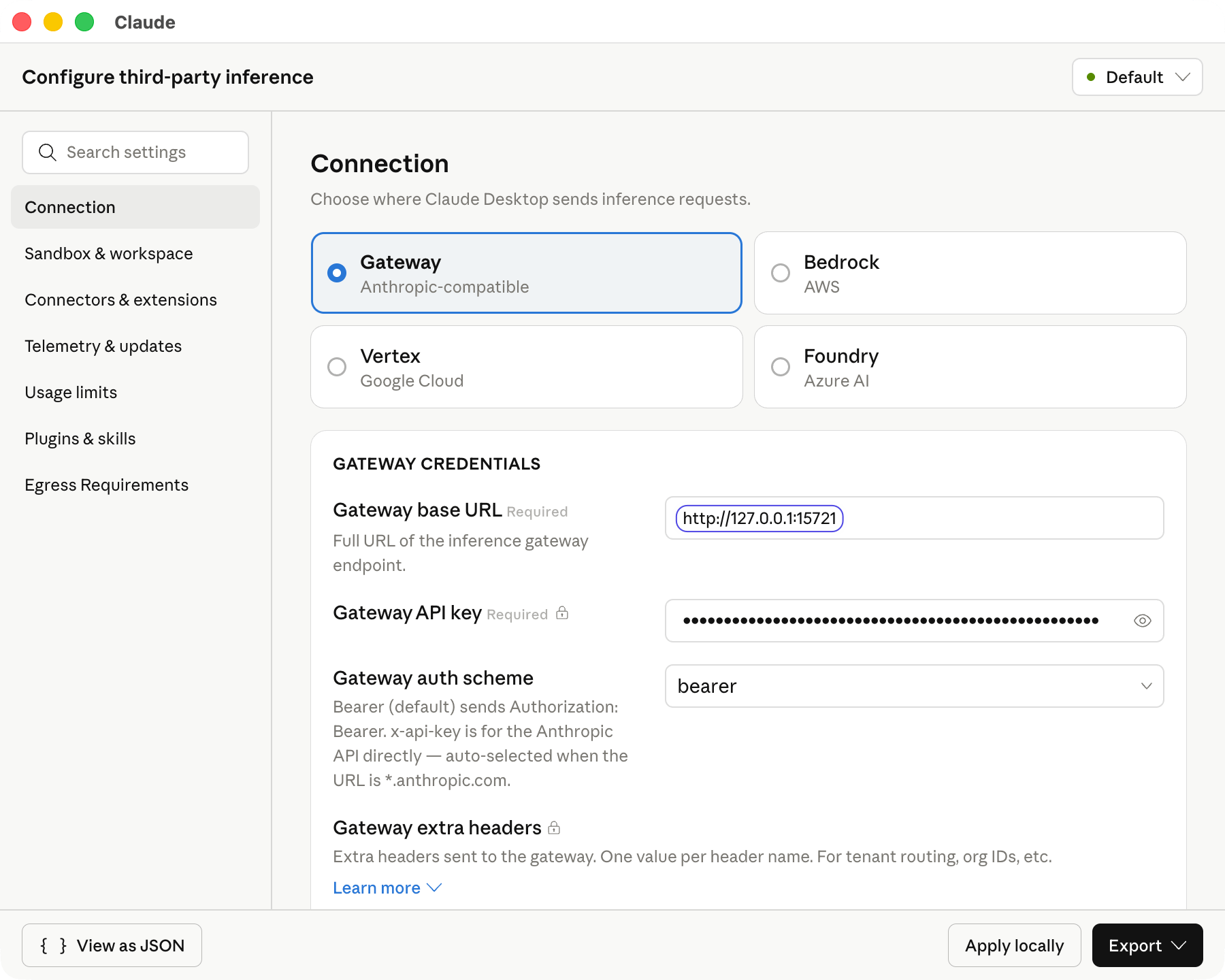 Страница Gateway settings в Claude Desktop с локальным service address из CC Switch.