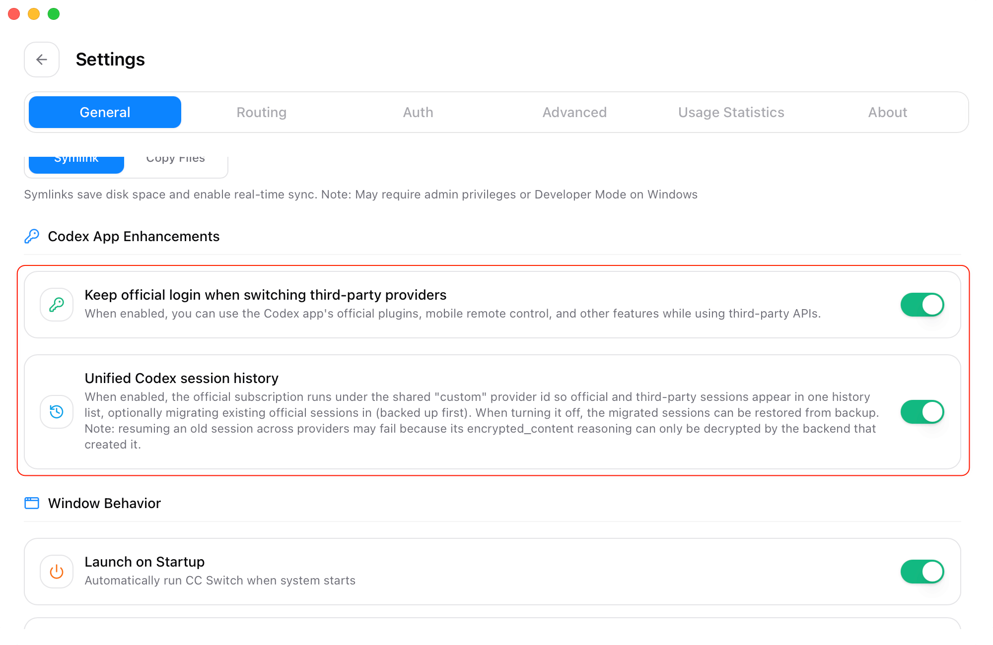 CC Switch Codex App Enhancements with Keep official login and Unified Codex session history enabled.
