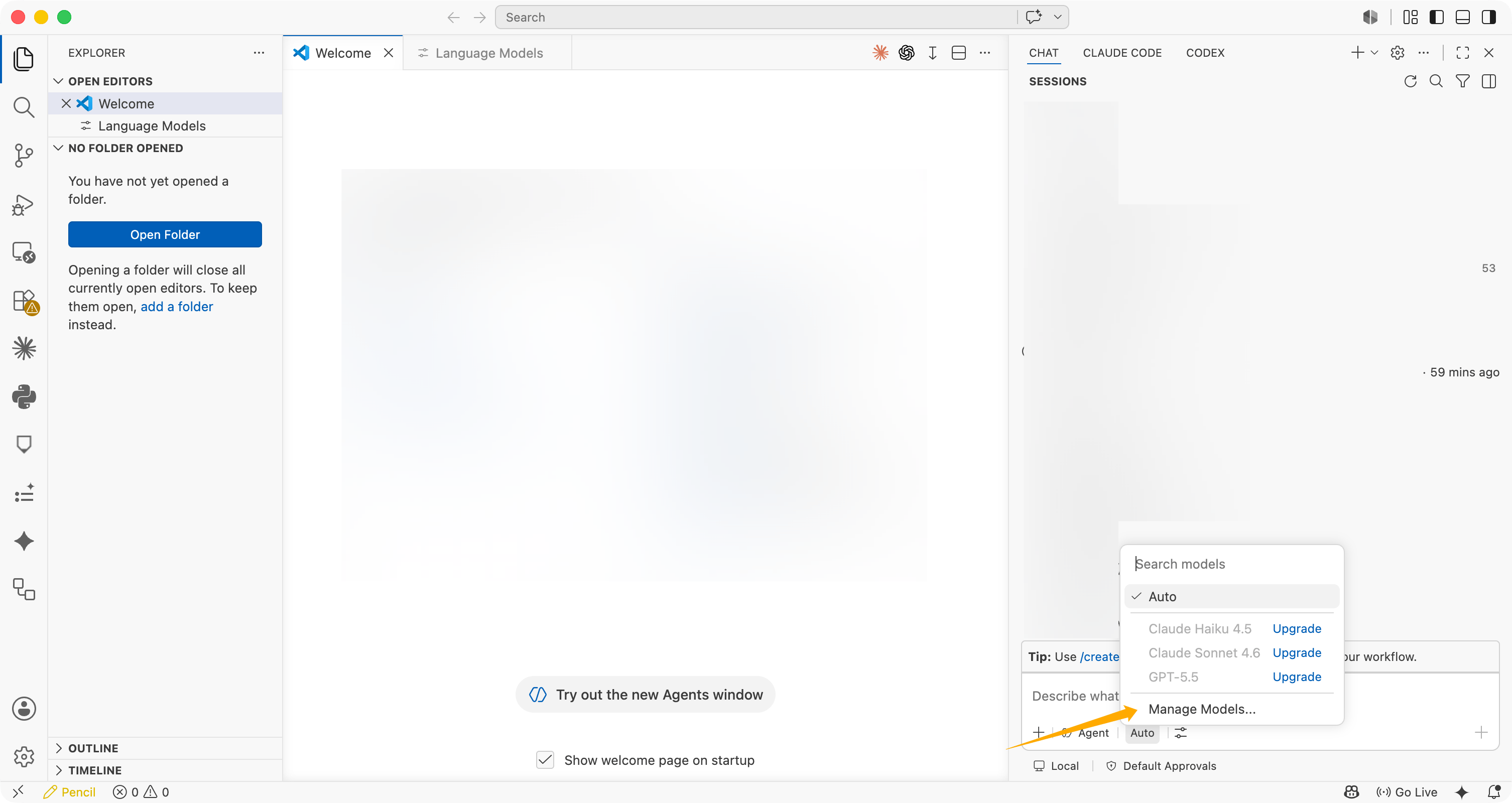 Open Manage Models from the Copilot Chat model selector.