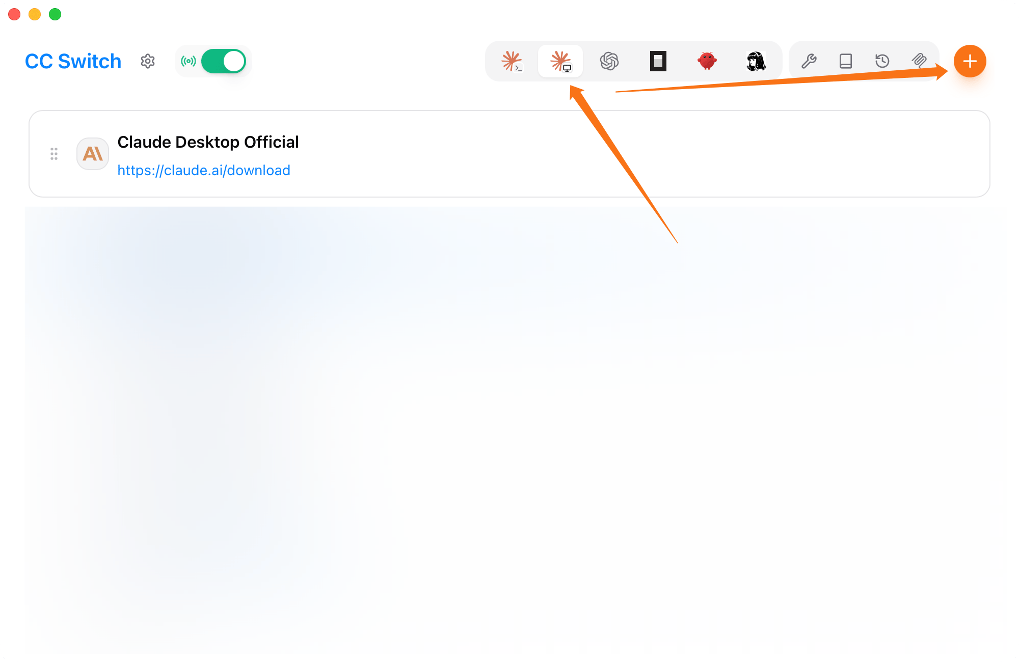 Переход к Claude Desktop в CC Switch и добавление provider кнопкой в правом верхнем углу.