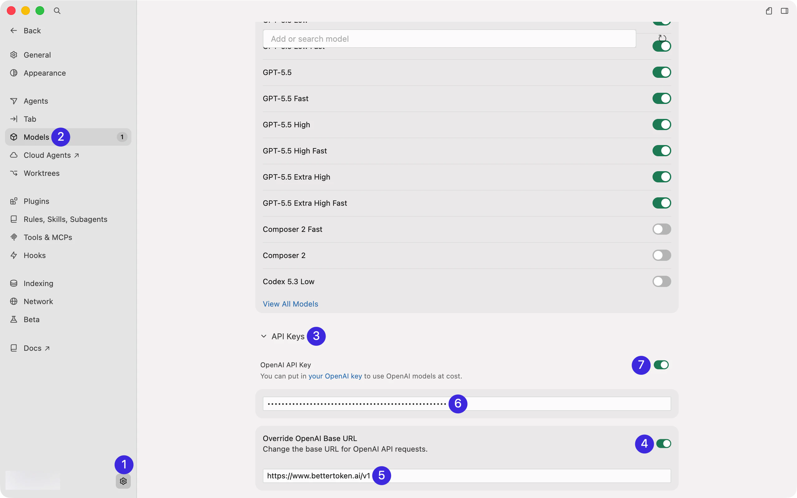 Cursor 设置页中,依次打开 Settings、Models、API Keys,并填写 OpenAI API Key 与 Override OpenAI Base URL。