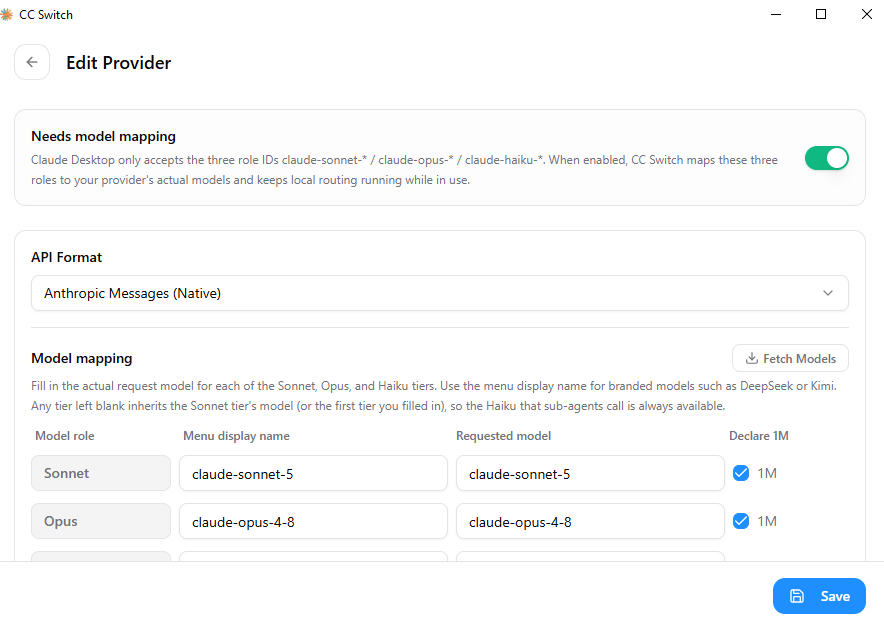 The CC Switch provider edit page with Needs model mapping enabled, plus API Format and Model mapping settings.