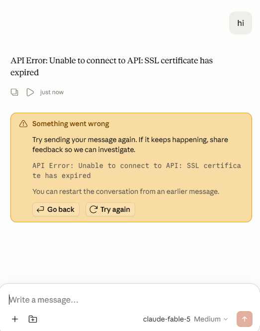 Claude Desktop showing API Error: Unable to connect to API: SSL certificate has expired.