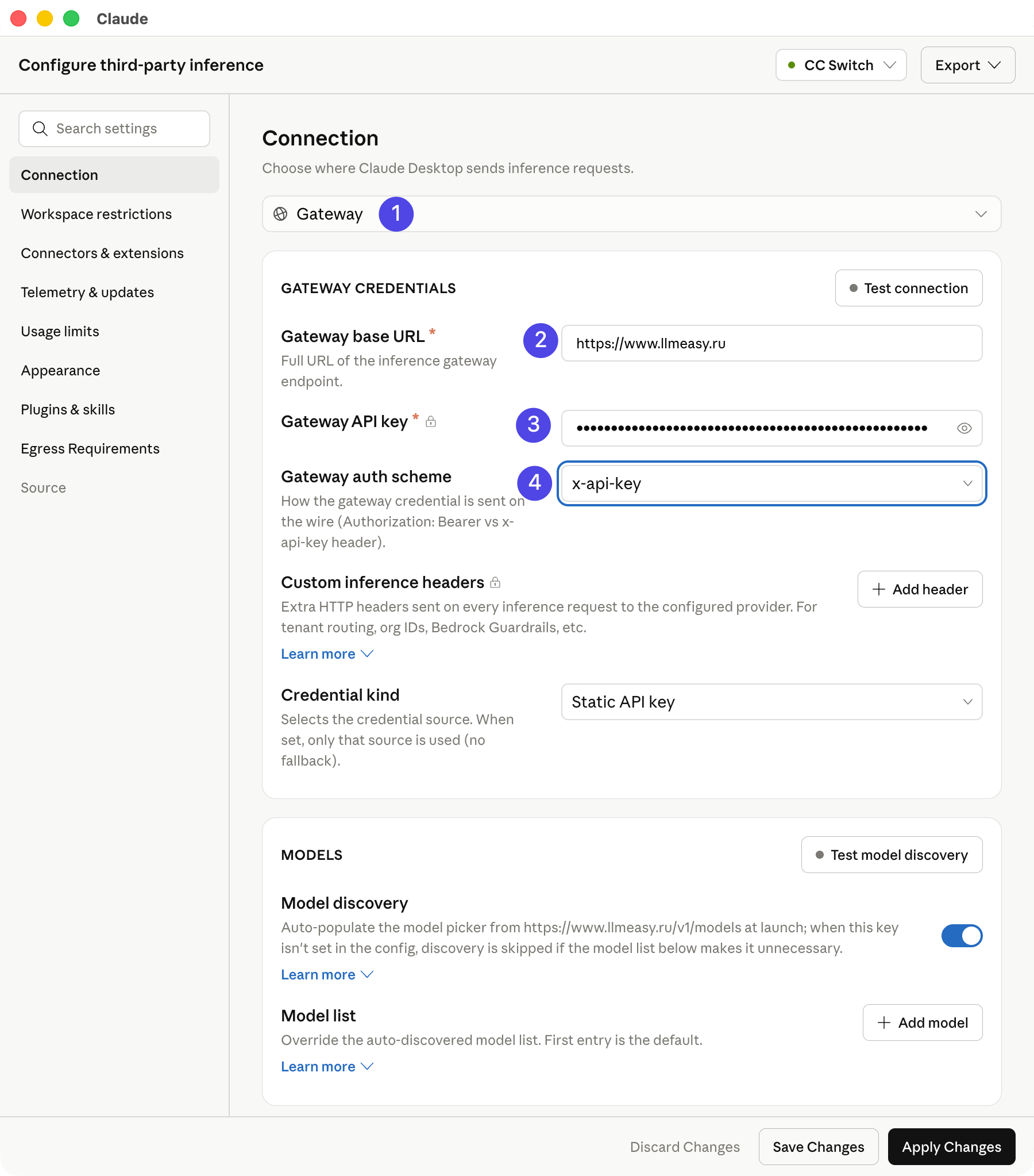 Настройка LLMEasy Gateway в Claude Desktop и кнопка Apply locally.