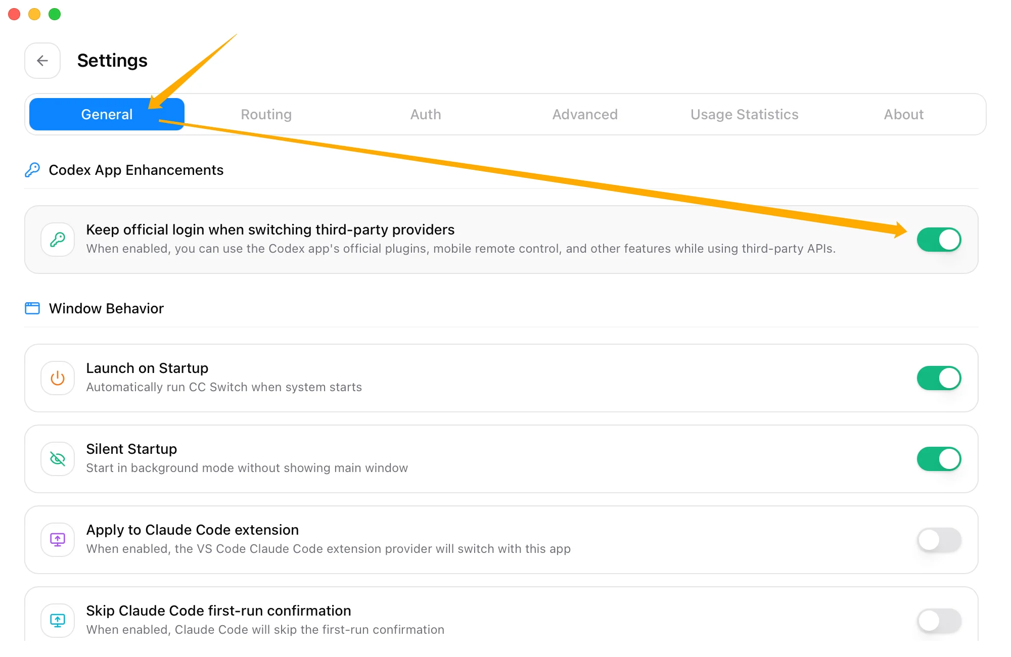 В настройках CC Switch включен переключатель Codex App Enhancements.
