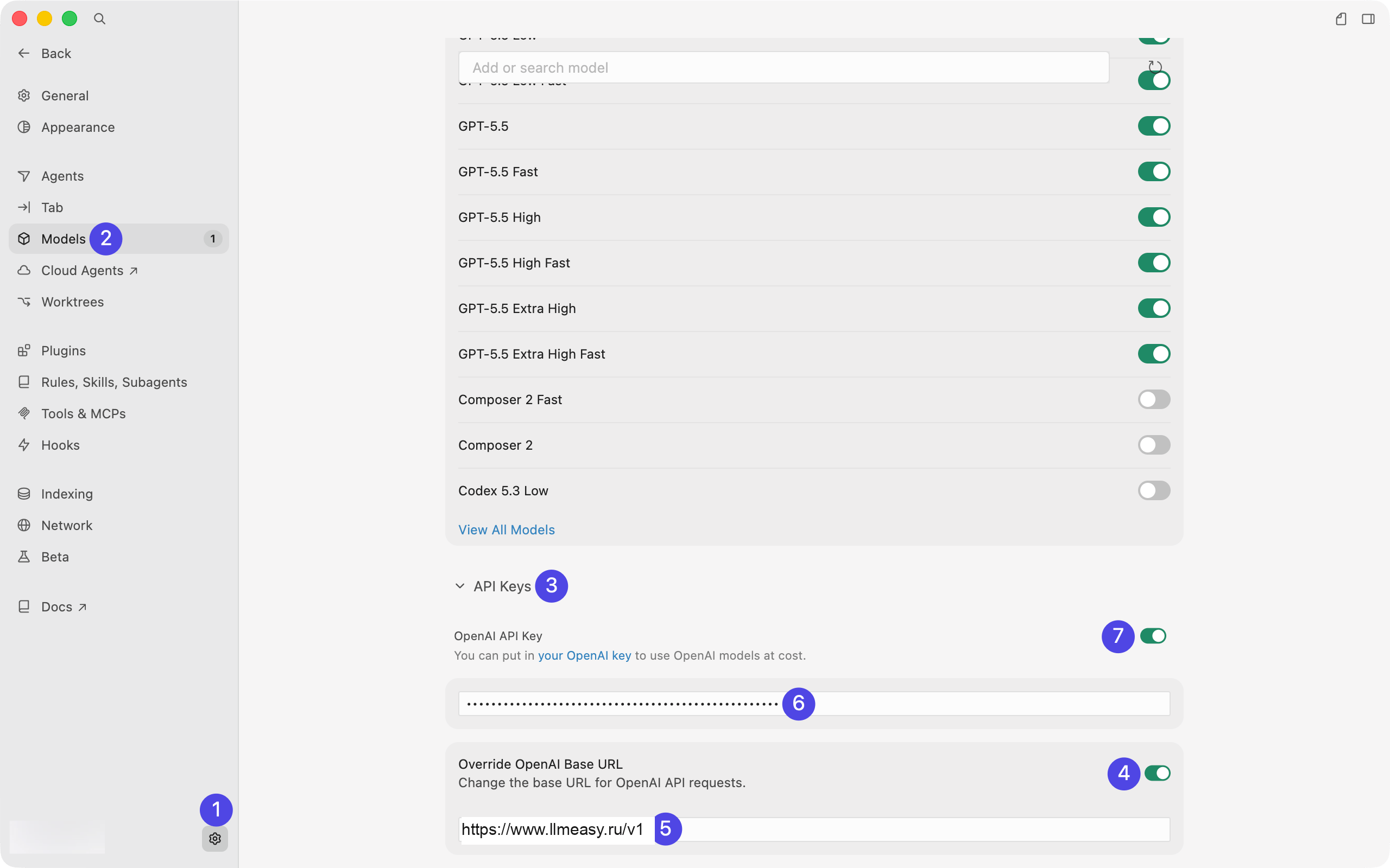 Страница настроек Cursor с полями Settings, Models, API Keys, OpenAI API Key и Override OpenAI Base URL.