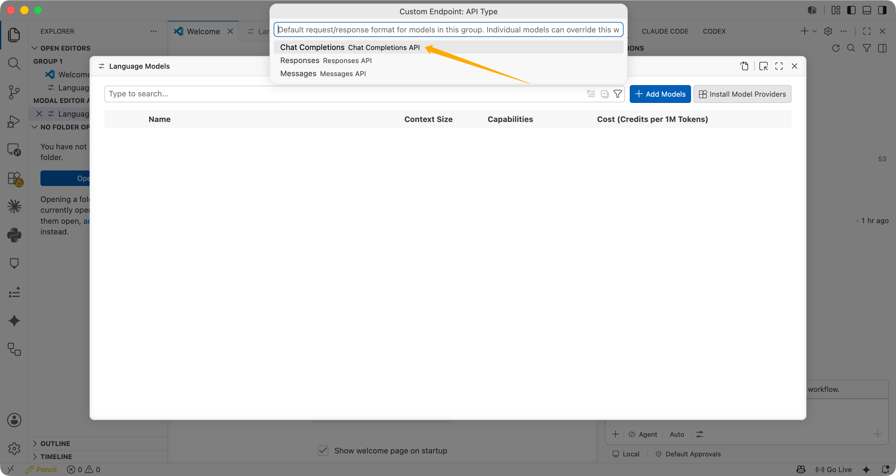 Выбор Chat Completions в Custom Endpoint API Type.
