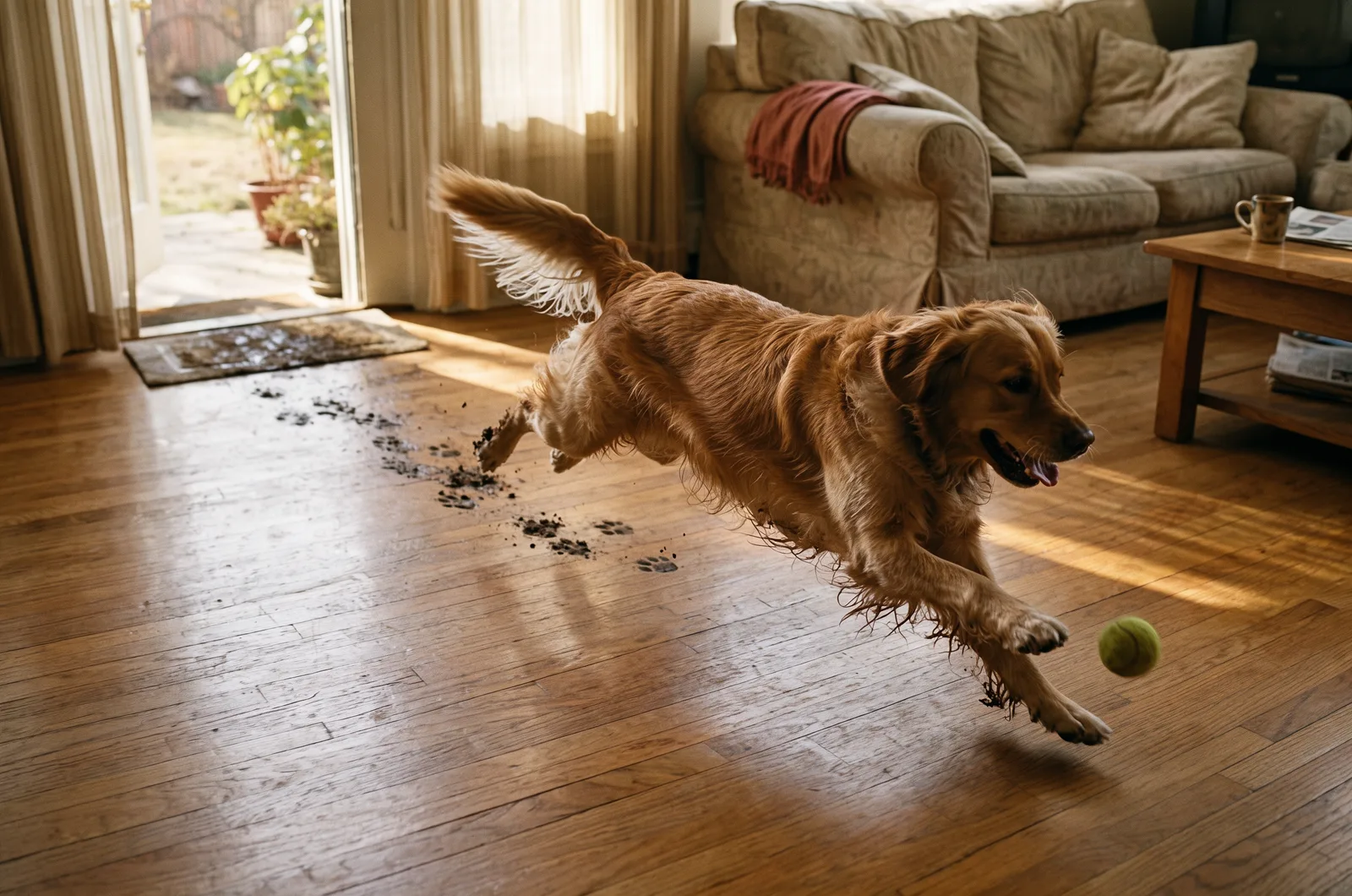 Directed prompt: a golden retriever leaps after a tennis ball, with muddy paw prints leading back to the open door
