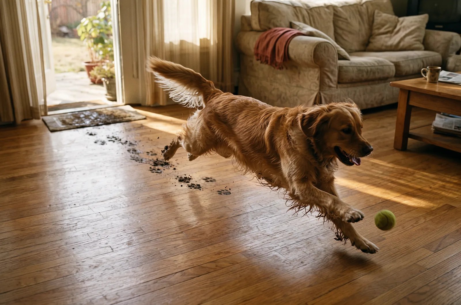 Directed prompt: a golden retriever leaps after a tennis ball, with muddy paw prints leading back to the open door