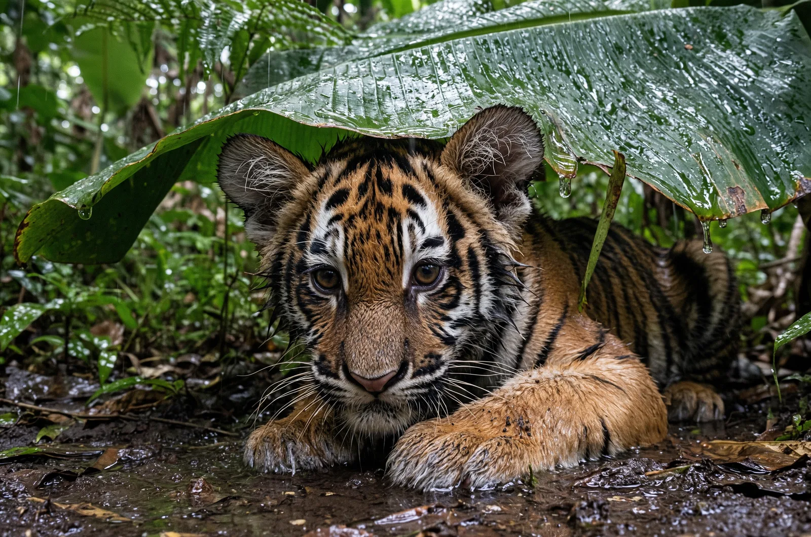 Wet tiger cub under a banana leaf in a rainy jungle