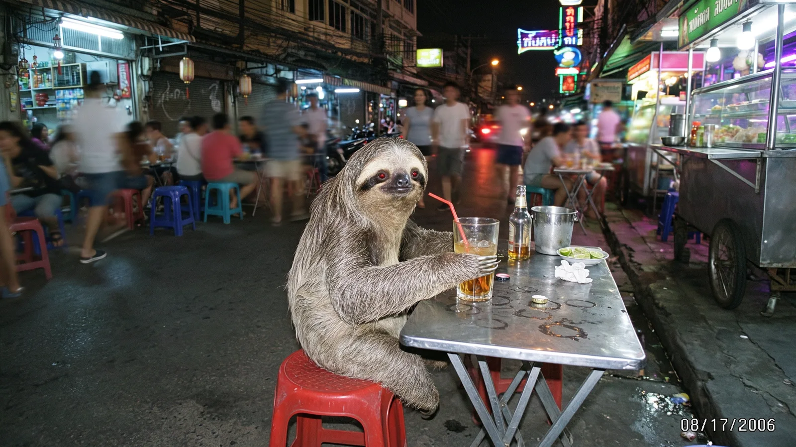 Sloth drinking at a street table in Bangkok at night, lit by direct flash, with a 2006 date stamp