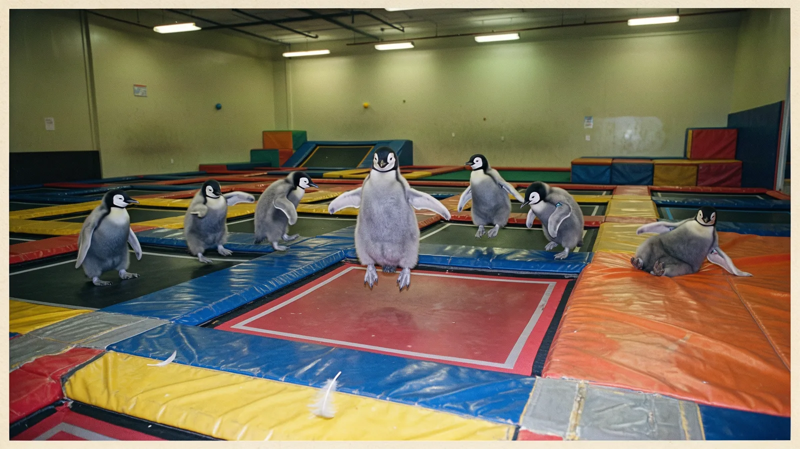 Baby penguins jumping in a trampoline park, in faded 1980s print colors